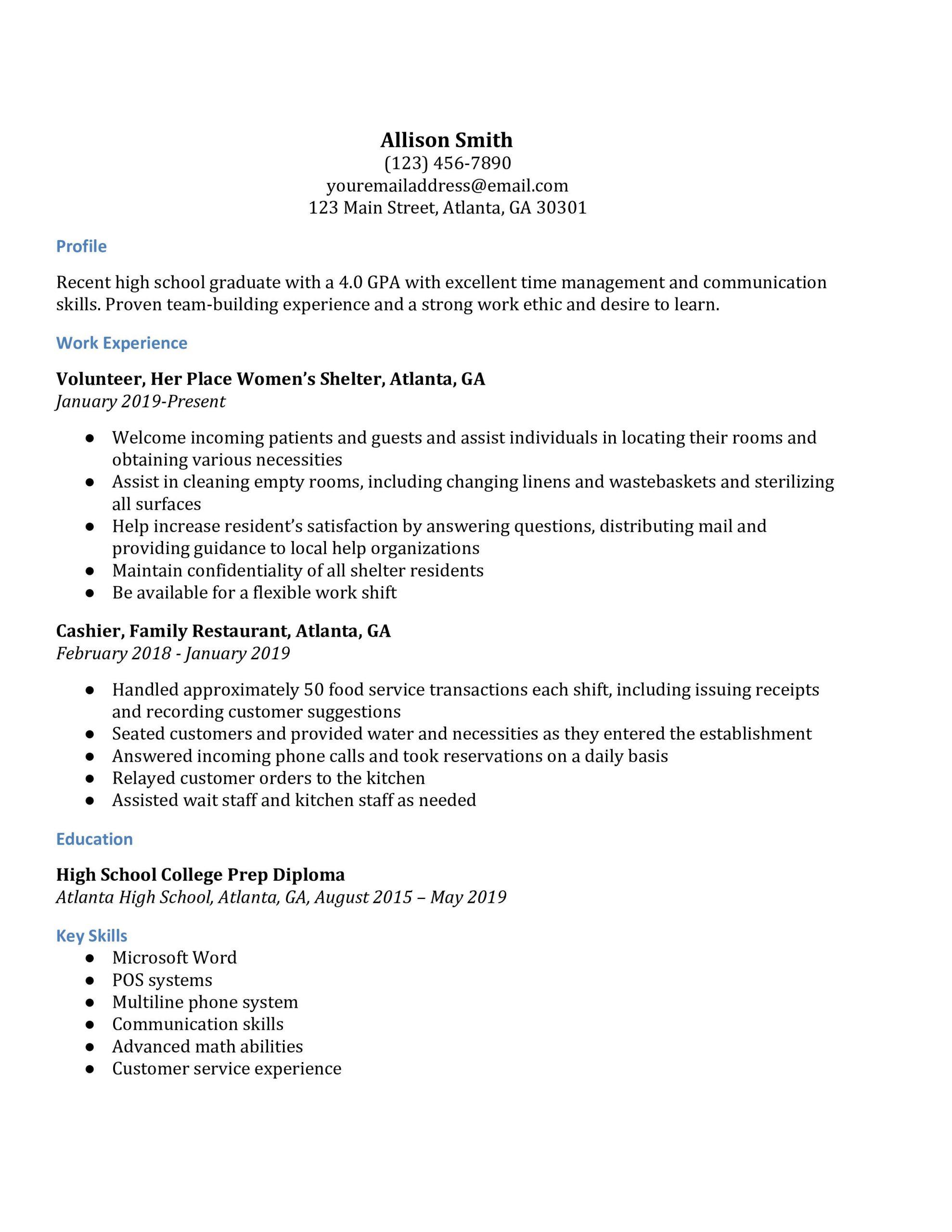 high school resume examples