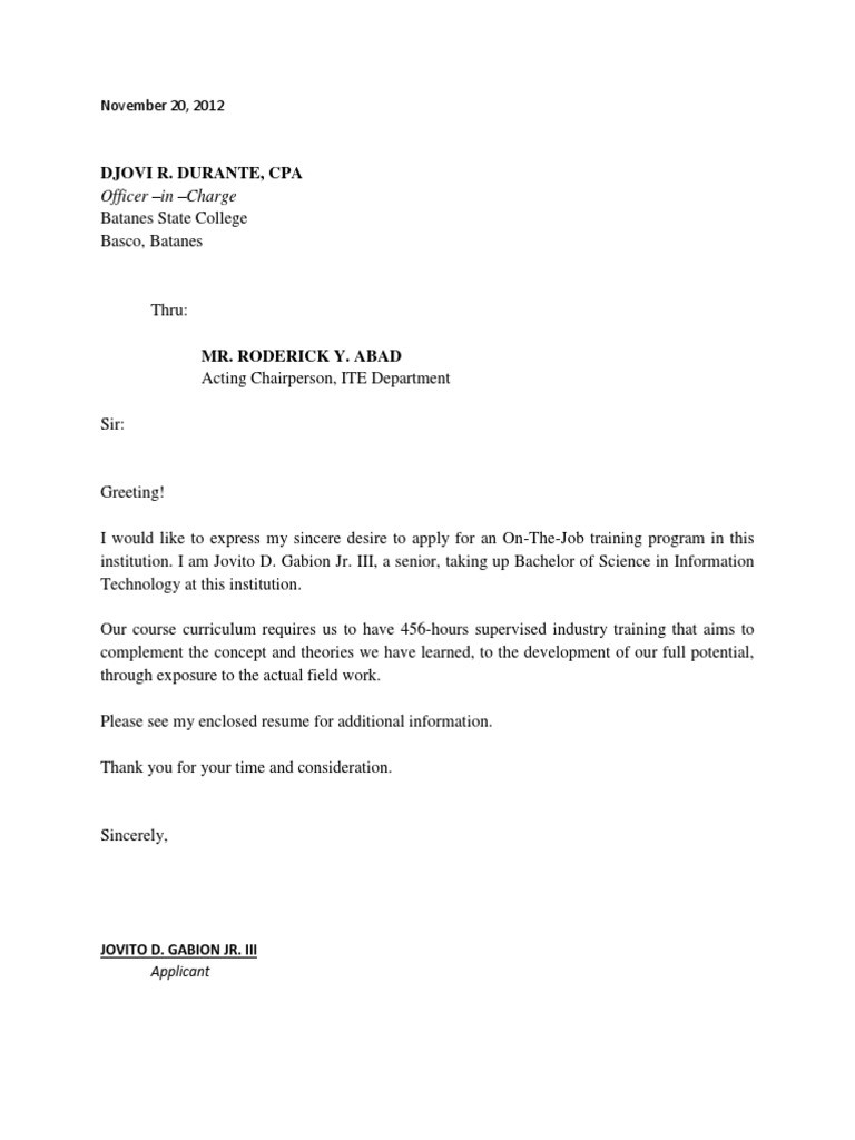 Application Letter for OJT Students