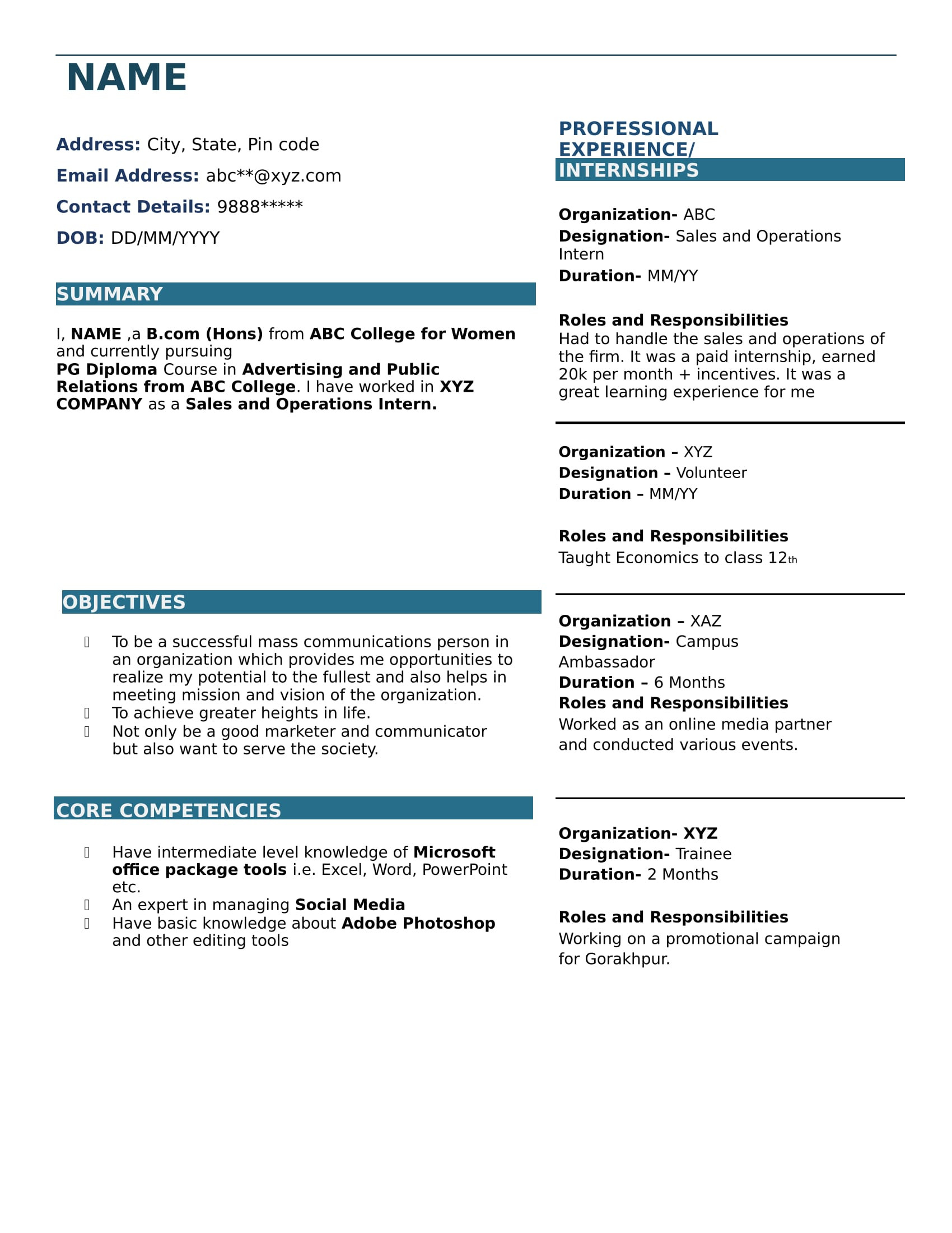 resume format for freshers b graduateml