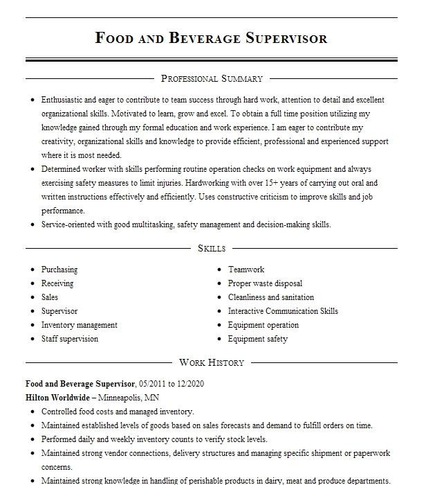 Sample Resume for Food and Beverage Supervisor Food and Beverage Supervisor Resume Example Marriott