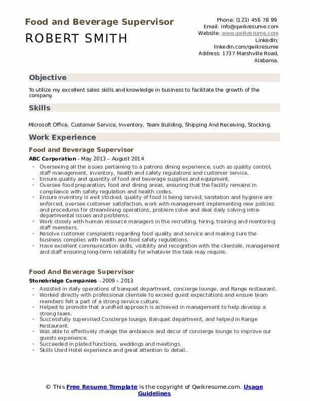 Sample Resume for Food and Beverage Supervisor Food and Beverage Supervisor Resume Samples