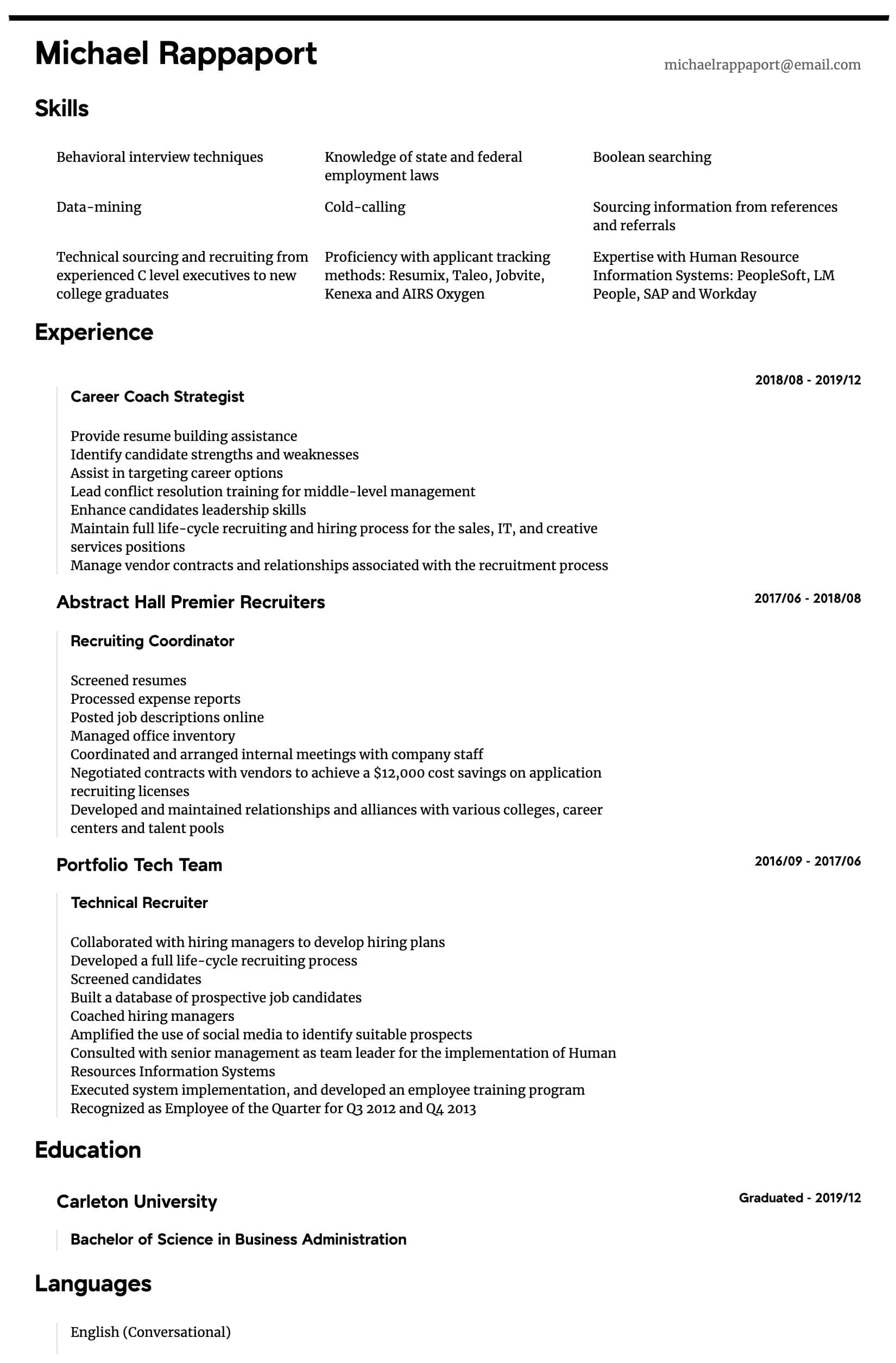 recruiter resume sample