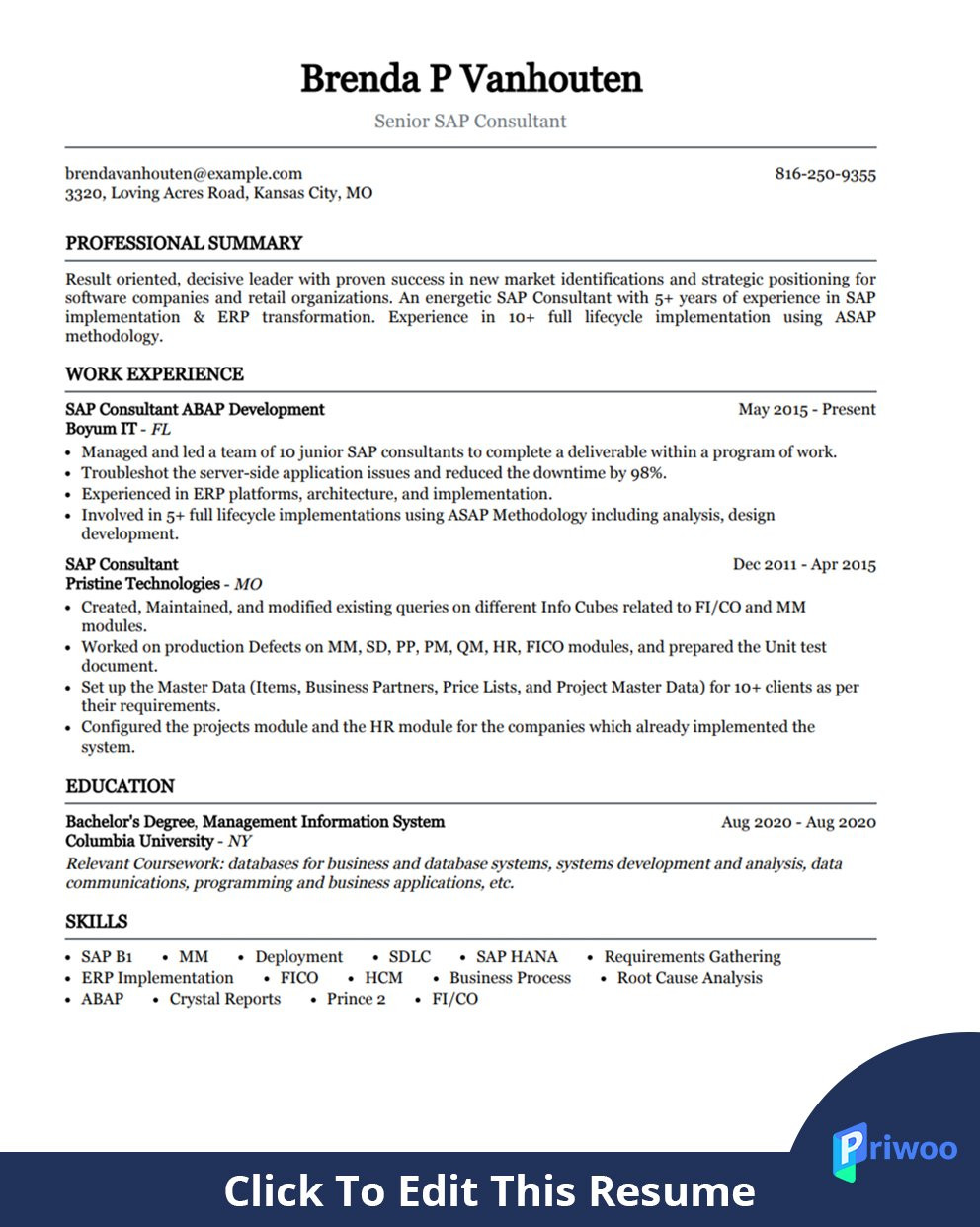 sap consultant resume sample