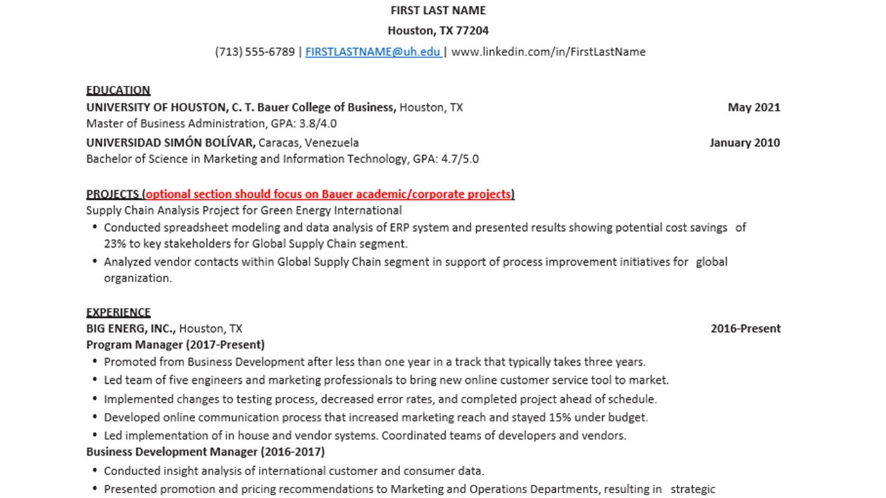 bauer mba and ms resume template
