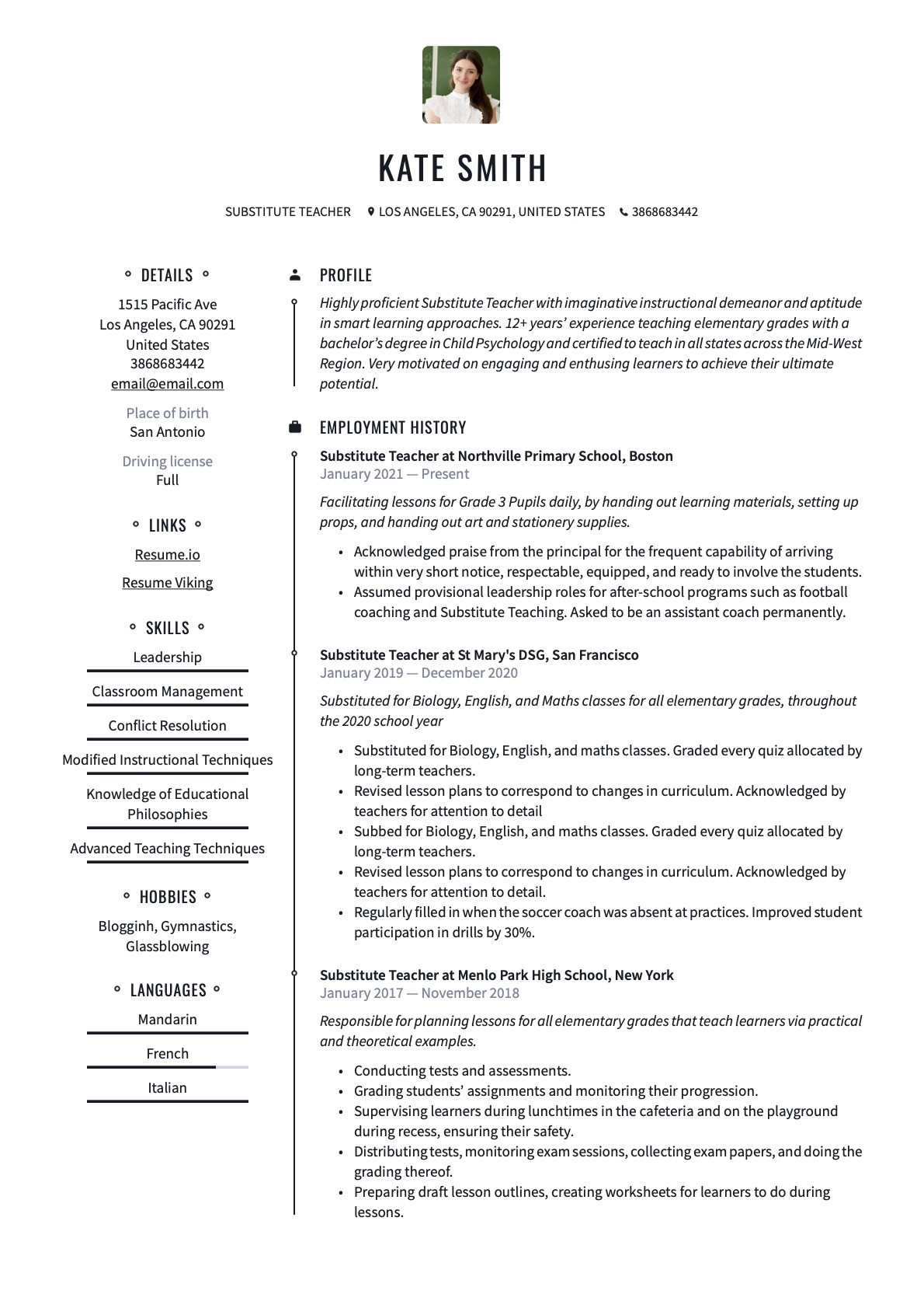 Elementary School Teacher Sample Substitute Teacher Resume Substitute Teacher Resume & Writing Guide  20 Templates Pdf