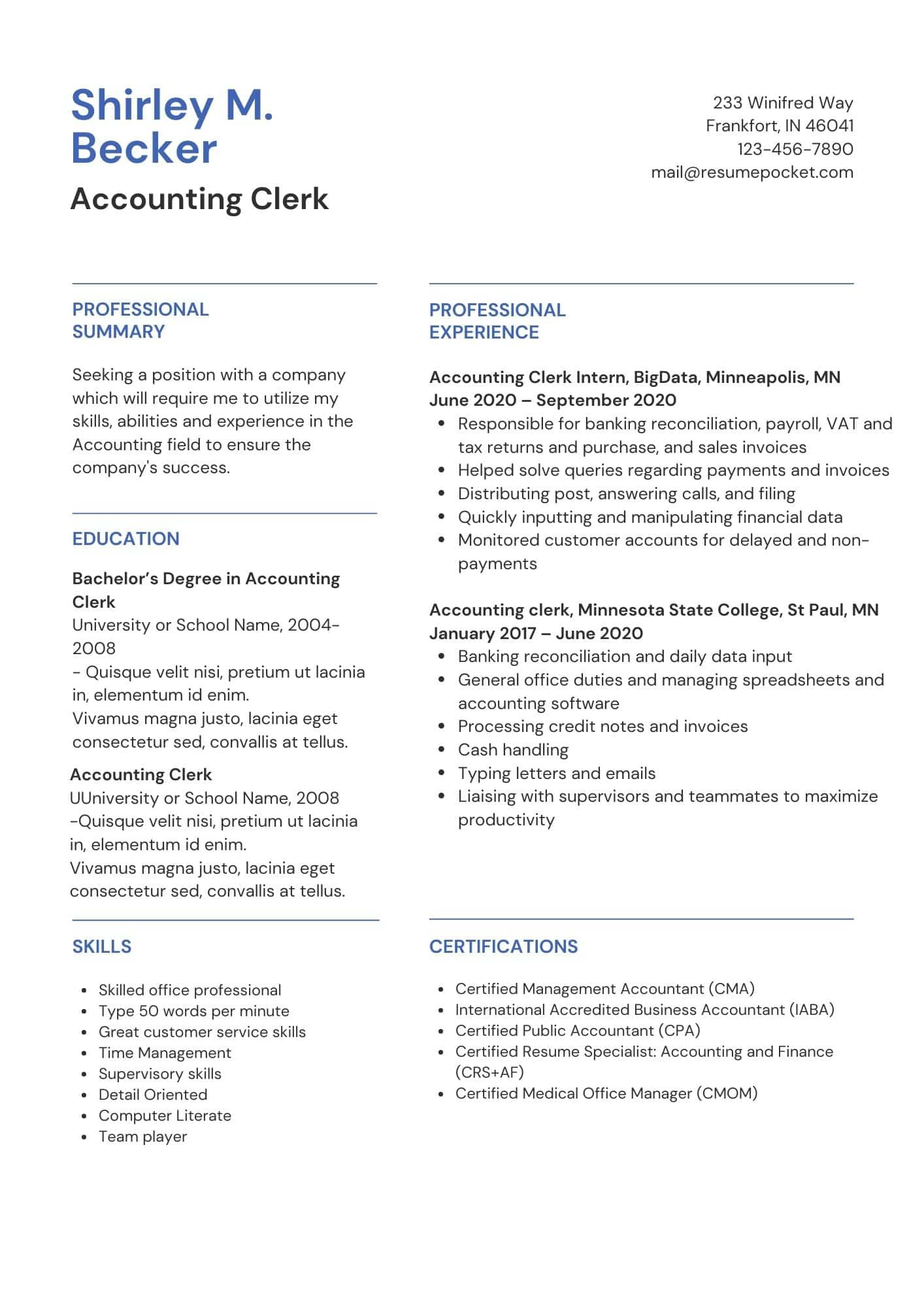 Entry Level Payroll Clerk Resume Sample Accounting Clerk Resume Sample and Template – Resumepocket