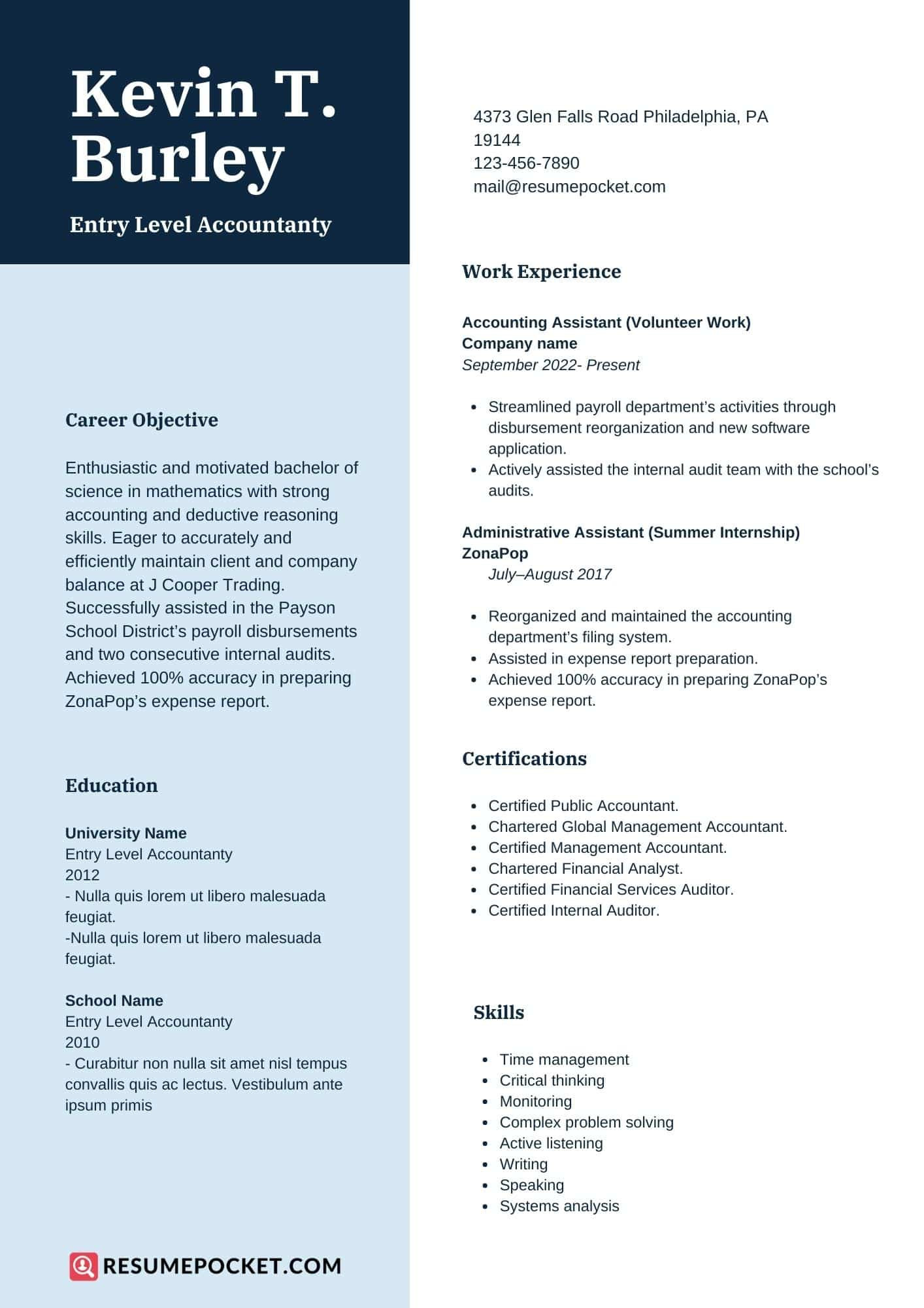 Entry Level Payroll Clerk Resume Sample Entry Level Accountant Resume Samples – Resumepocket