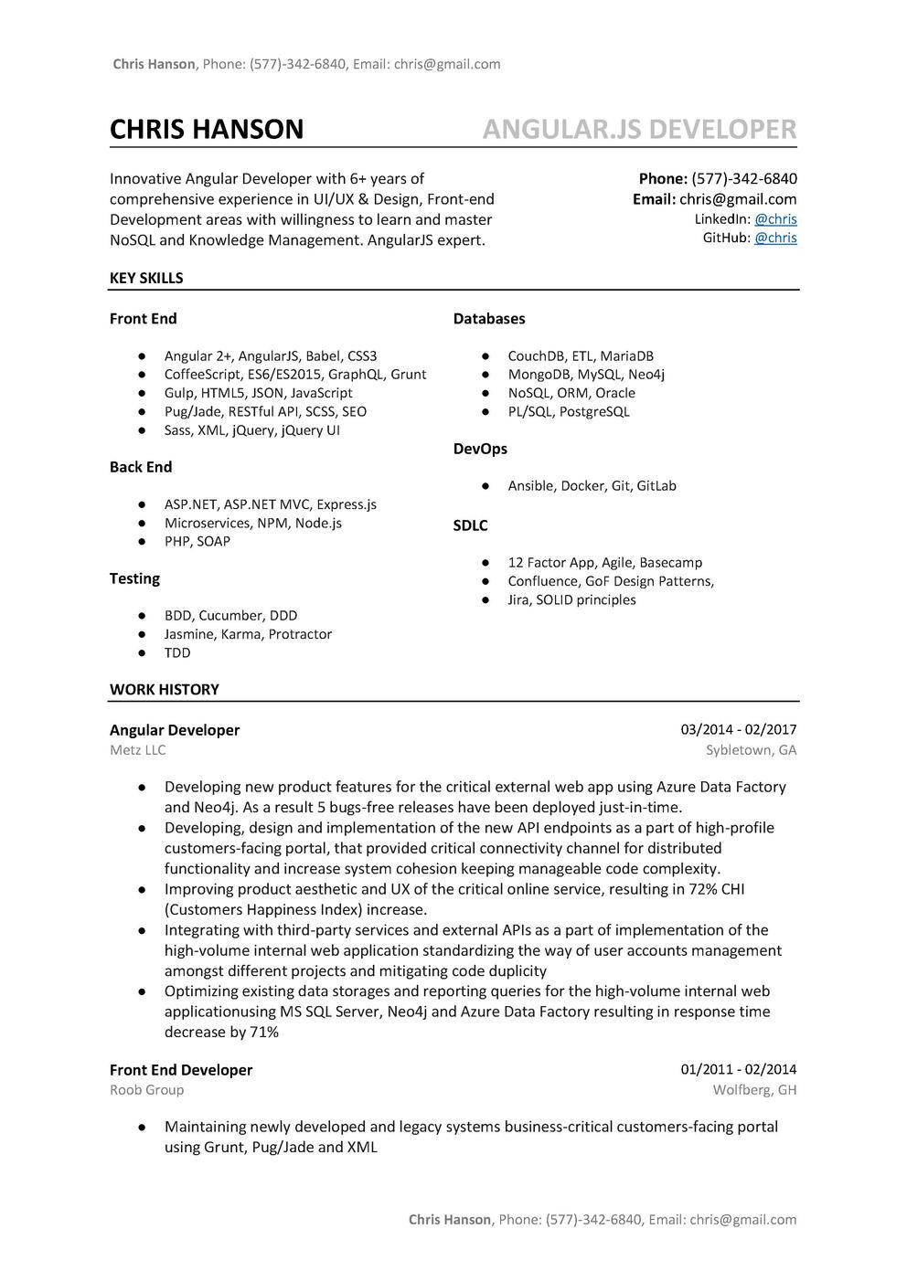 Few Lines Angular 4 Sample Resumes 101-developer-resume-cv-templates/angular-developer-resume-sample …