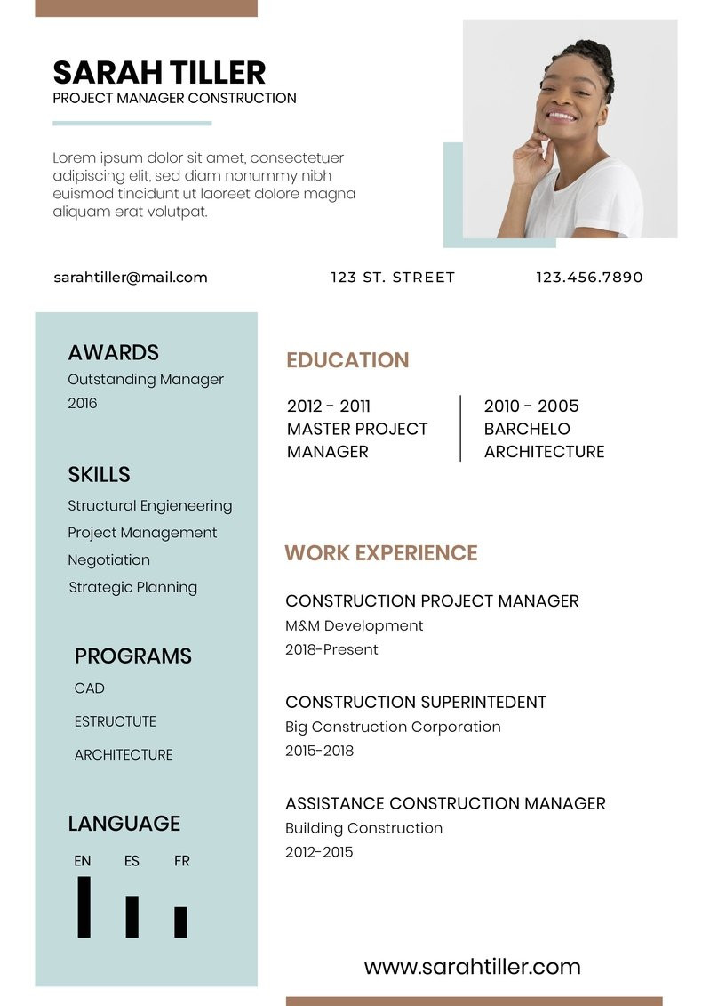 minimalist duotone project manager construction resume r
