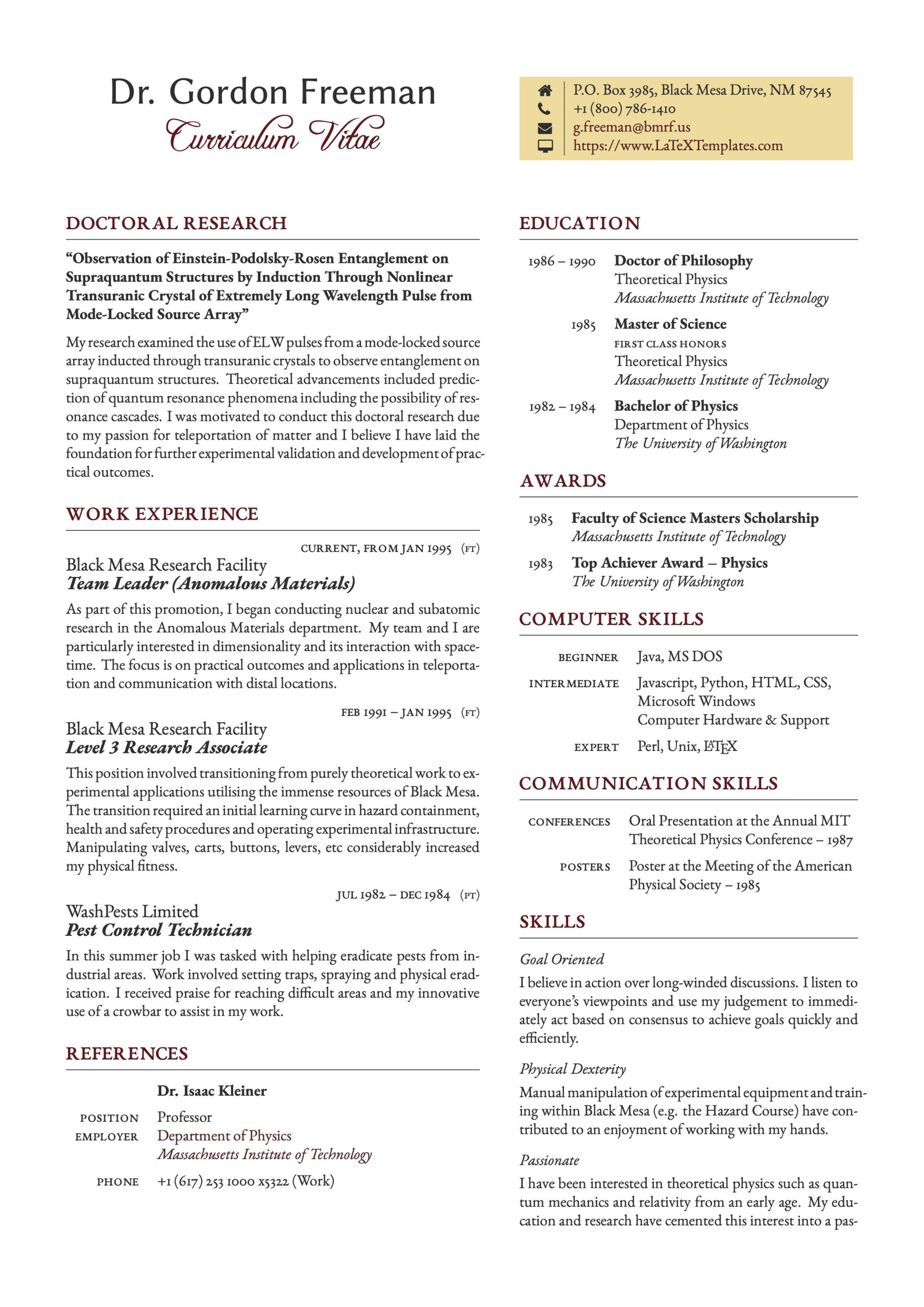 Masters En Route to Phd Sample Resume Latex Templates – Cvs and Resumes