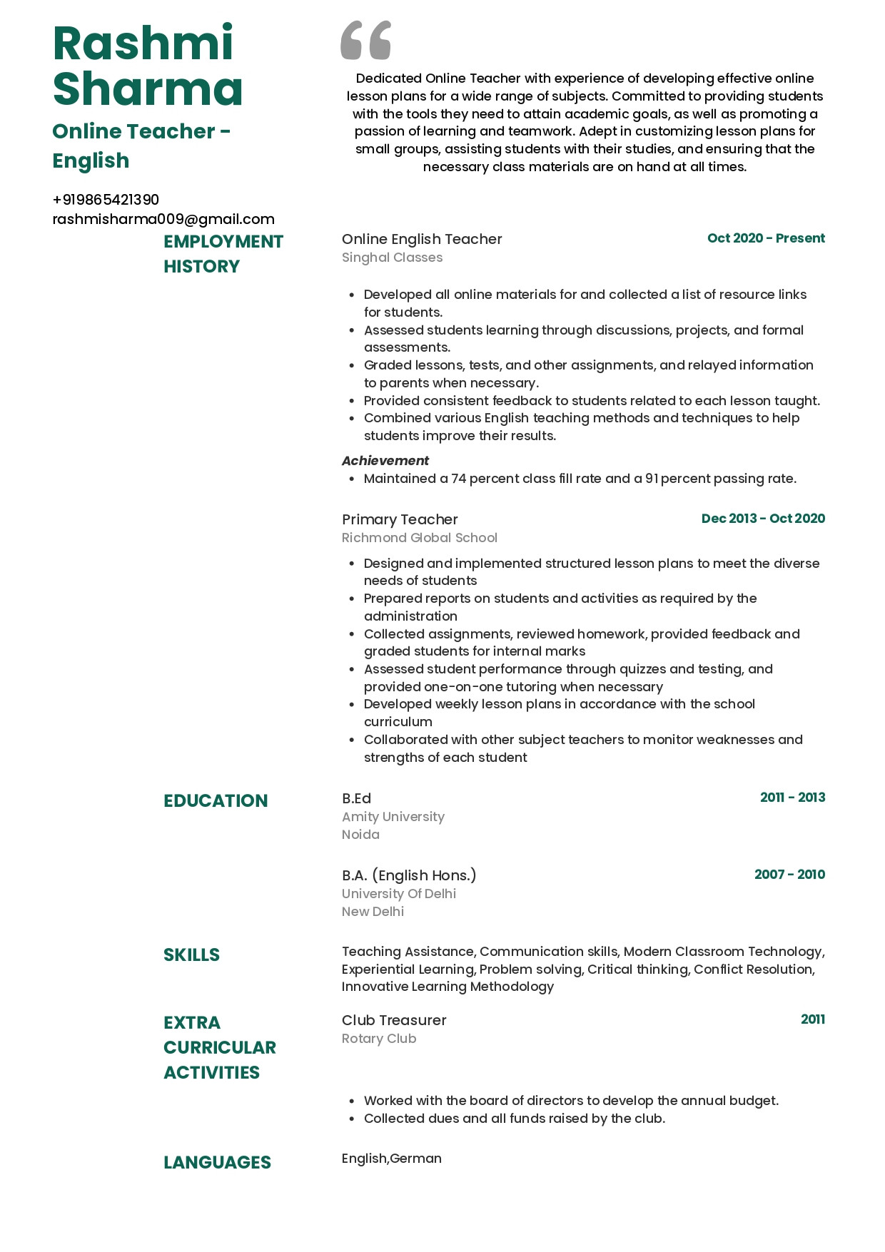 Math Teacher Resume Sample In India Sample Resume Of Maths Teacher with Template & Writing Guide …