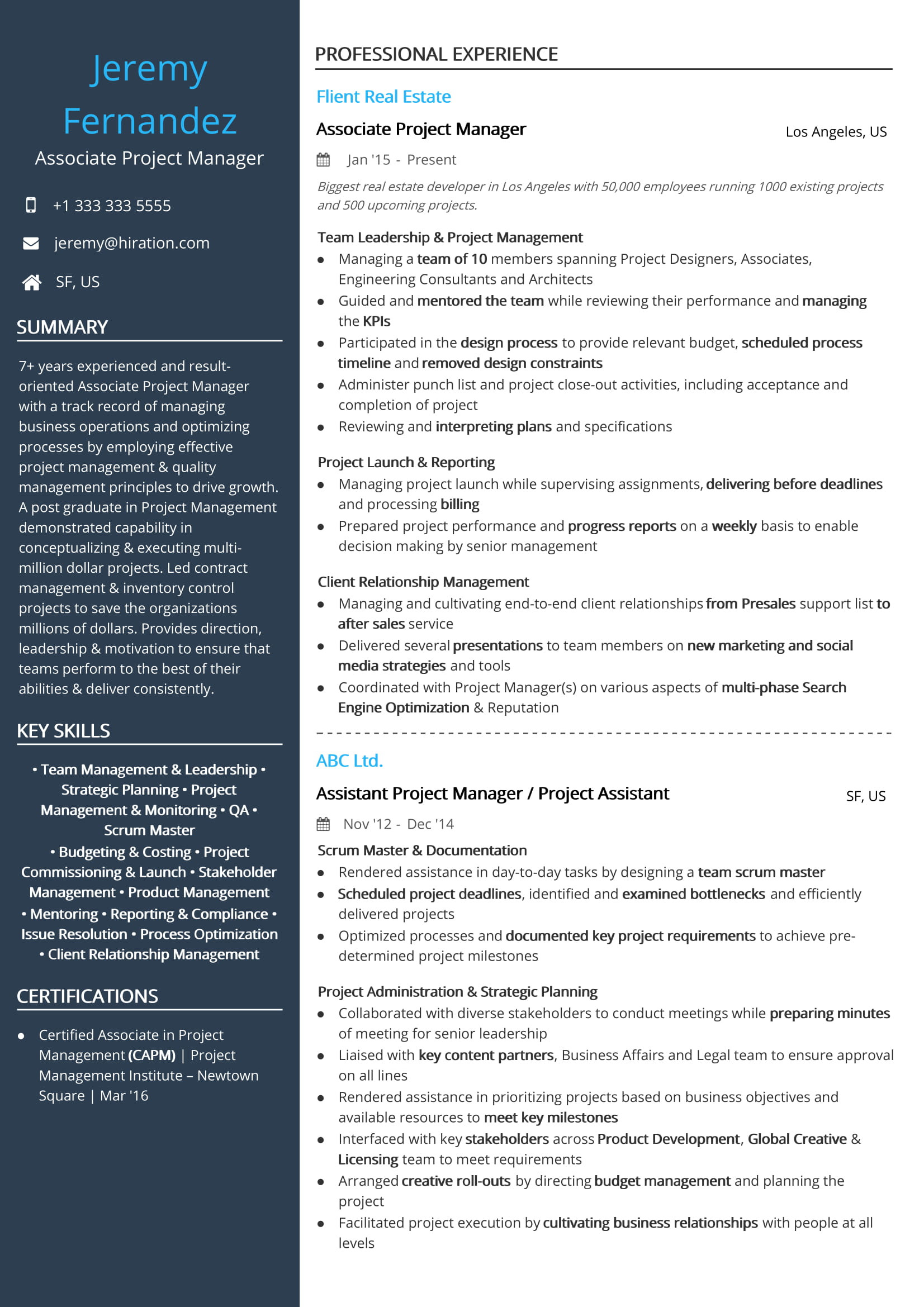 Real Estate Project Manager Resume Sample Free associate Project Manager Resume Sample 2020 by Hiration