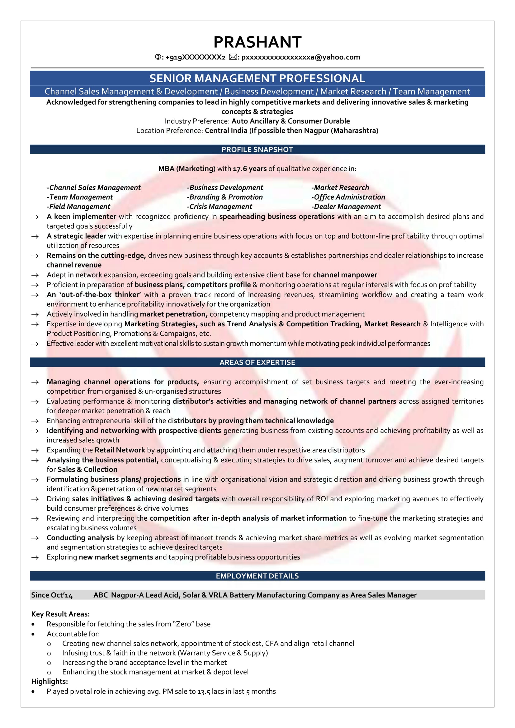 Resume Sample for Sales Manager In India area Sales Manager Sample Resumes, Download Resume format Templates!