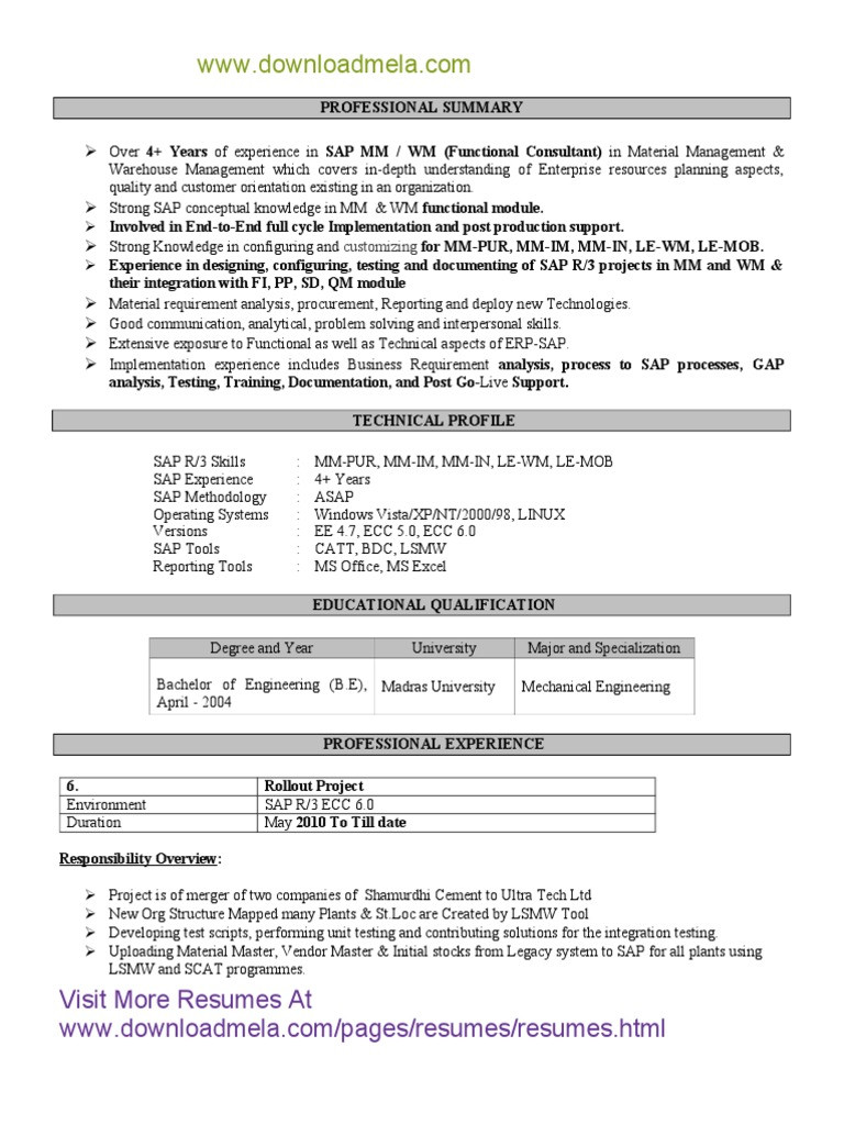 Resume Sample for Sap Mm Consultant Sap Sd Mm Functional Consultant Resume Pdf Pdf Warehouse …