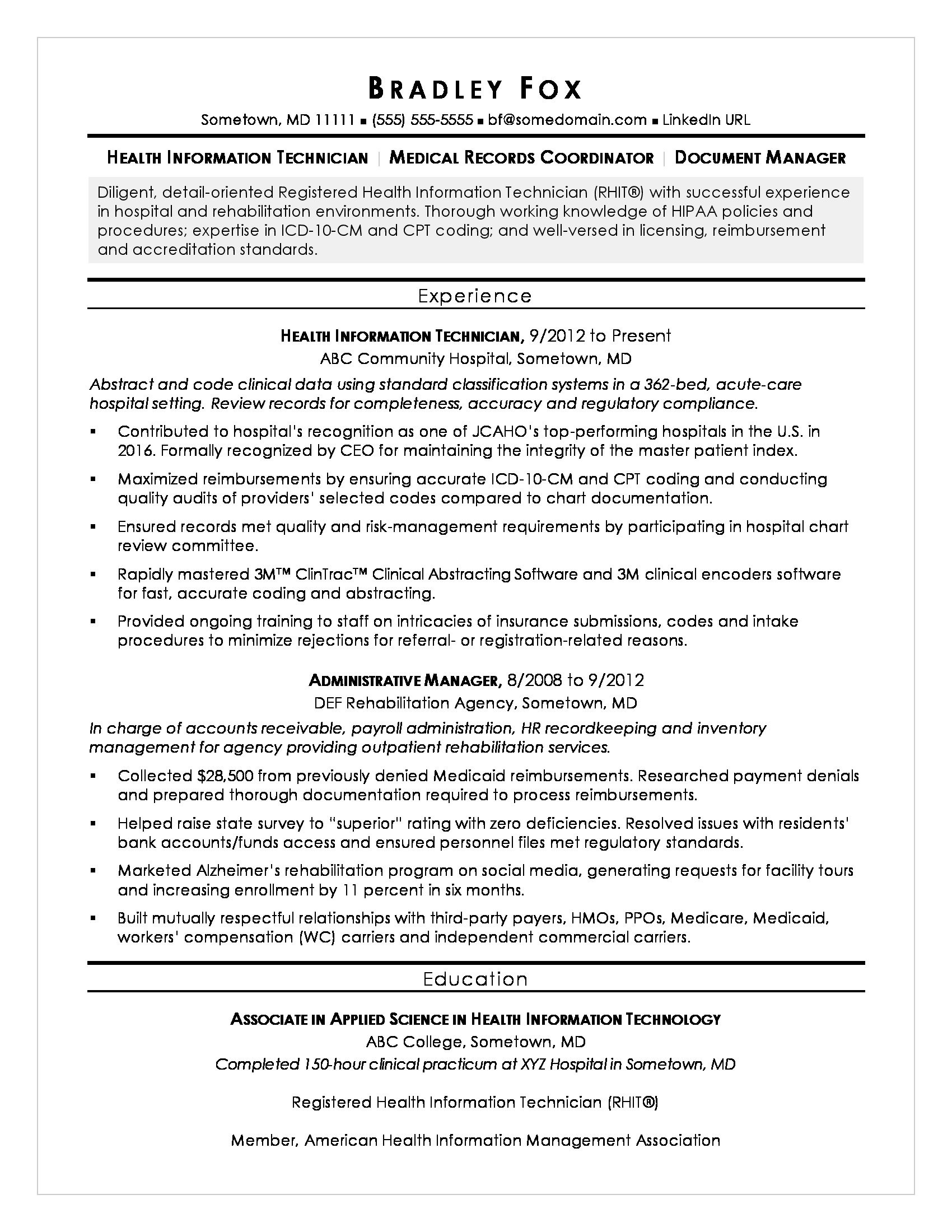 sample resume health information technician