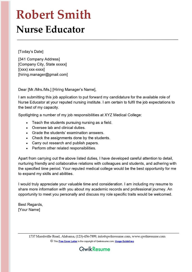 Sample Cover Letter and Resume for Nurses Nurse Educator Cover Letter Examples – Qwikresume