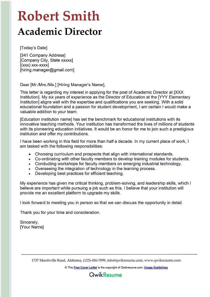 Sample Cover Letter for Academic Resume Academic Director Cover Letter Examples – Qwikresume