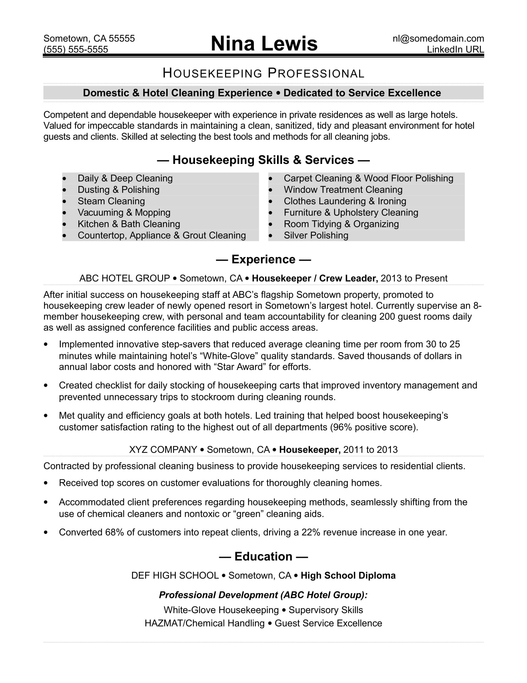 Sample Of Resume for Residential Care Worker Housekeeping Resume Monster.com