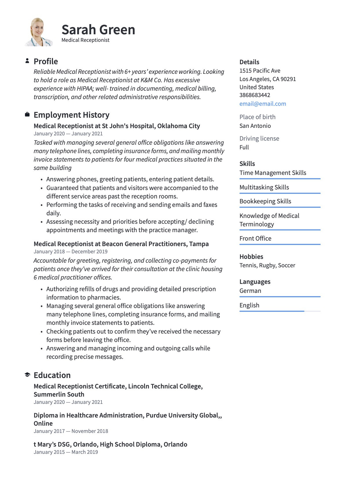 Sample Resume for Entry Level Medical Receptionist Medical Receptionist Resume & Guide  20 Examples