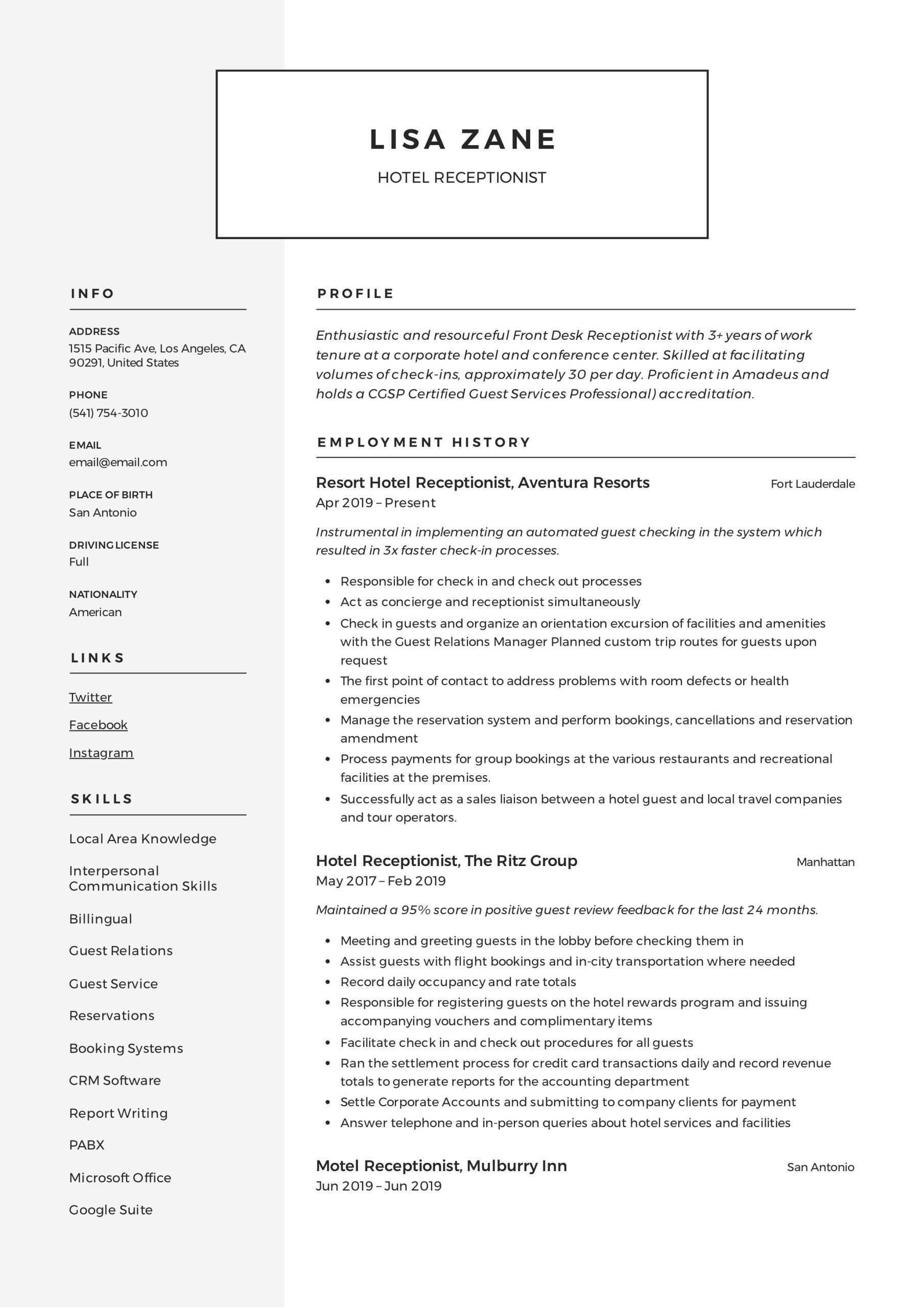 Sample Resume for Front Desk Agent Hotel Hotel Receptionist Resume & Writing Guide  12 Templates 2022