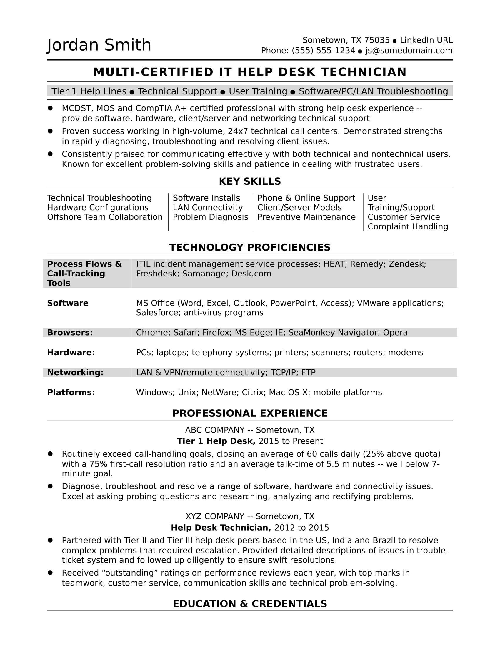 Sample Resume for It Support Lead Sample Resume for A Midlevel It Help Desk Professional Monster.com