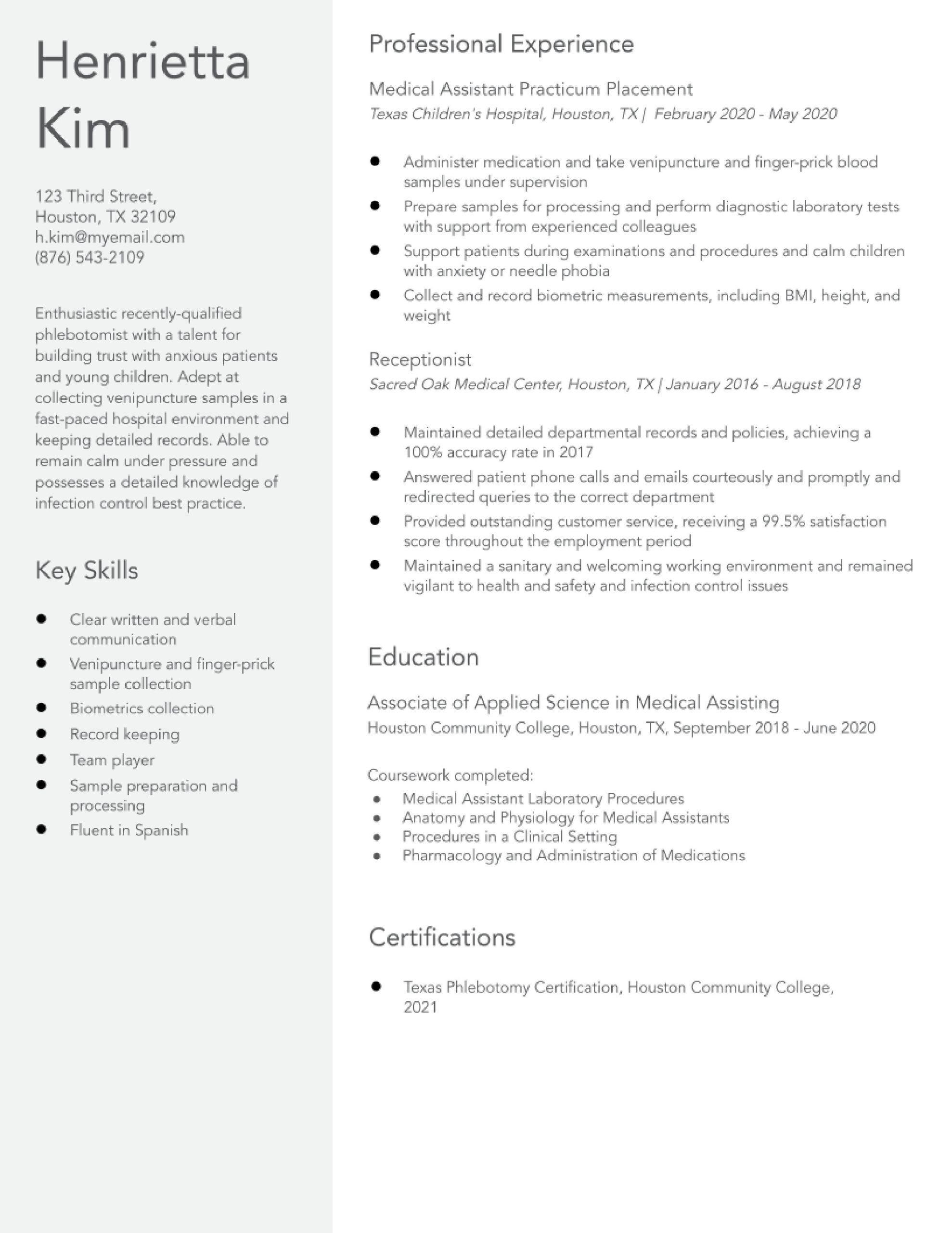 Sample Resume for Phlebotomist with Experience Phlebotomist Resume Examples – Resumebuilder.com