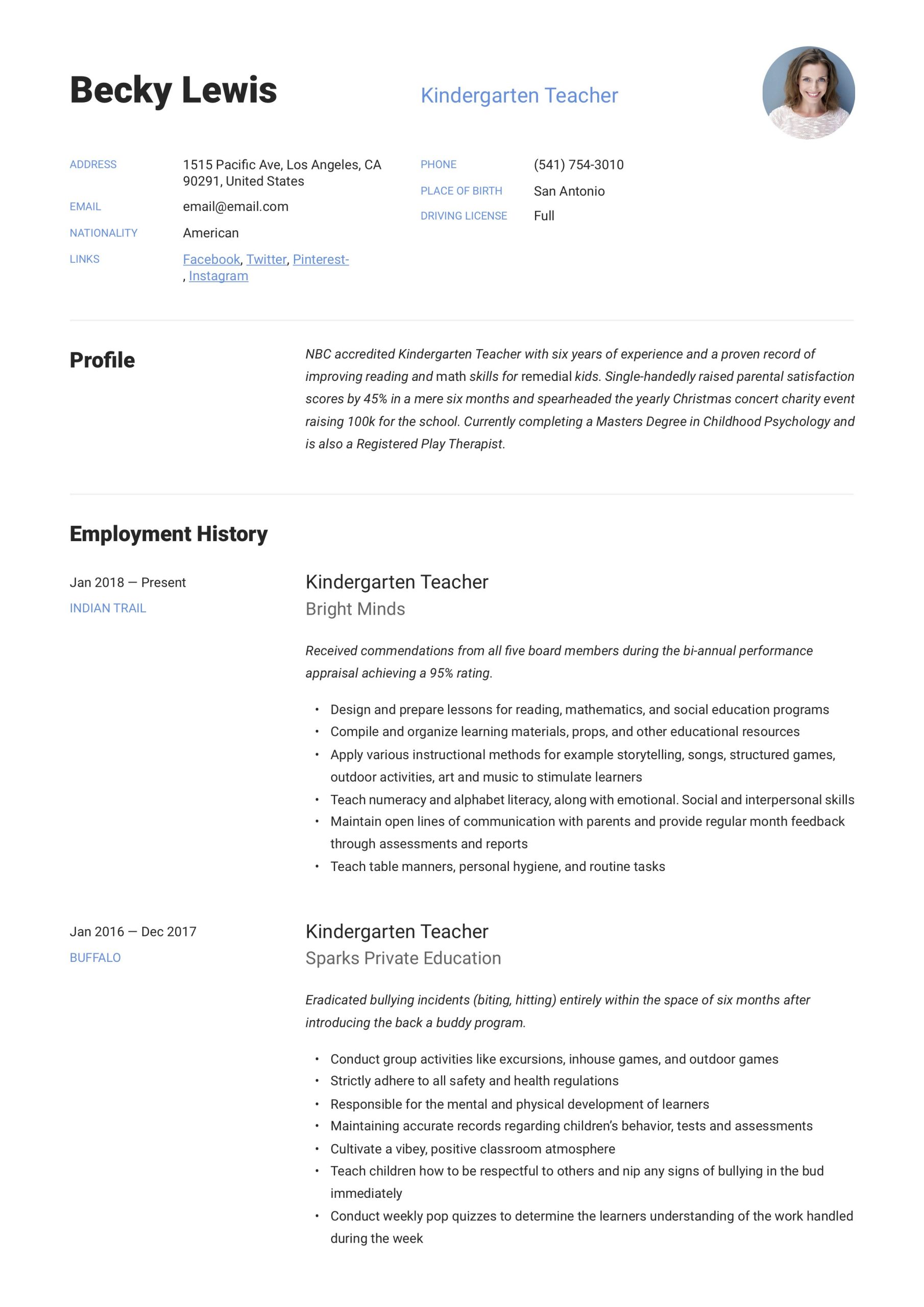 Sample Resume for Preschool Teacher with No Experience In India Kindergarten Teacher Resume & Writing Guide  12 Examples 2020