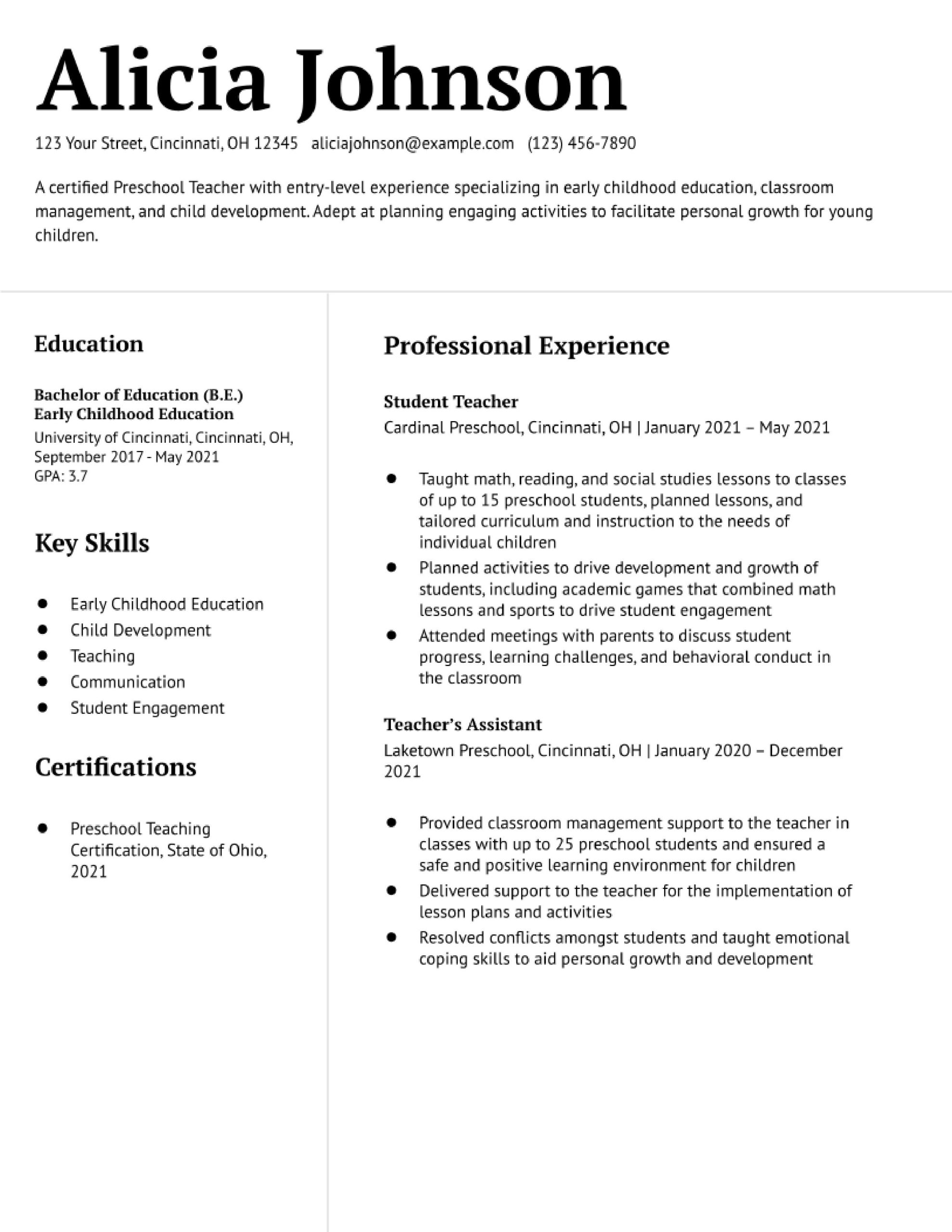 Sample Resume for Preschool Teaching Job with No Experience First-year Teacher Resume Examples In 2022 – Resumebuilder.com