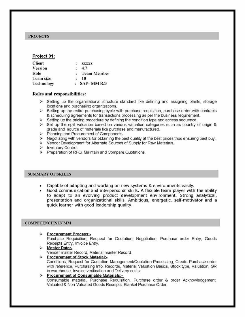 Sample Resume for Two Year Experience In Sap Sap Mm Sample Resumes