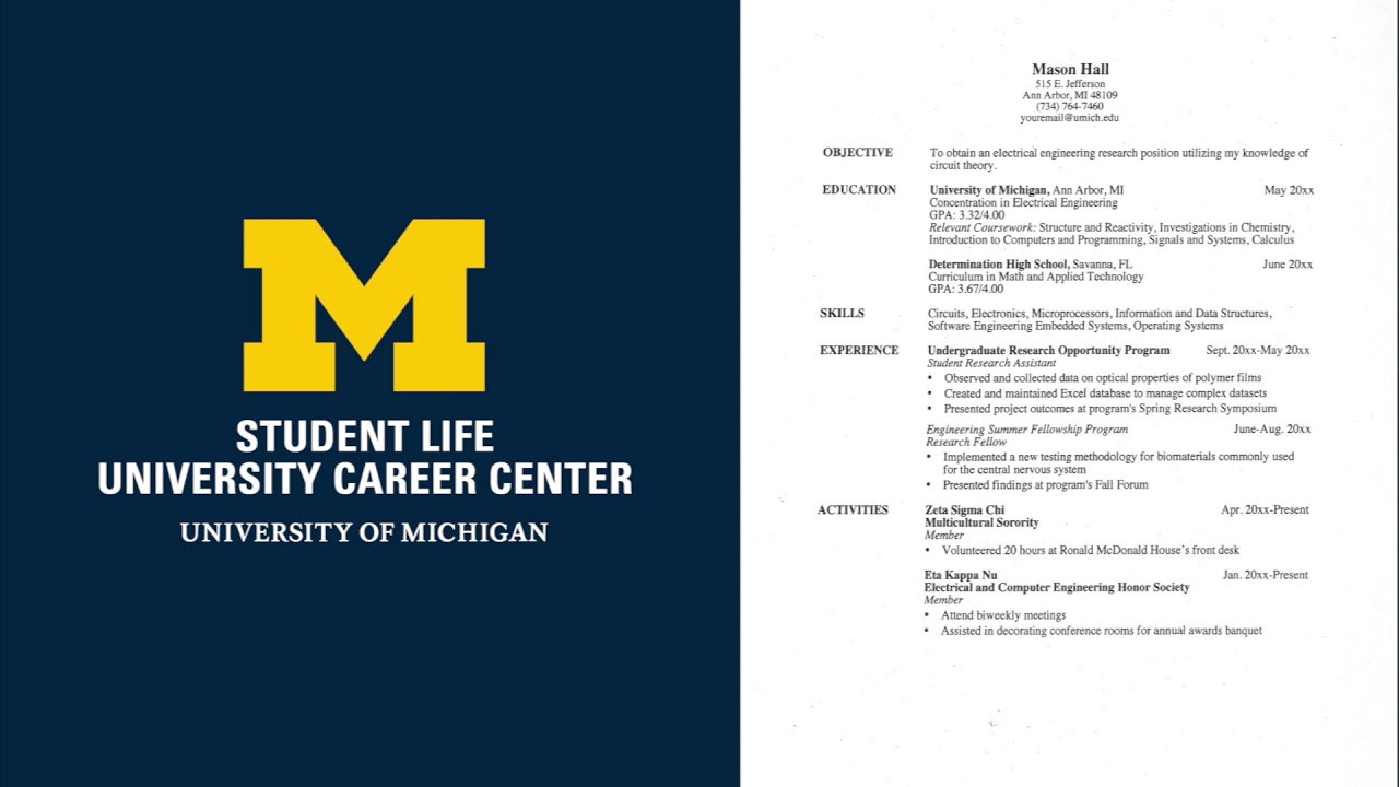 Sample Resume for U Of M Resume Resources University Career Center