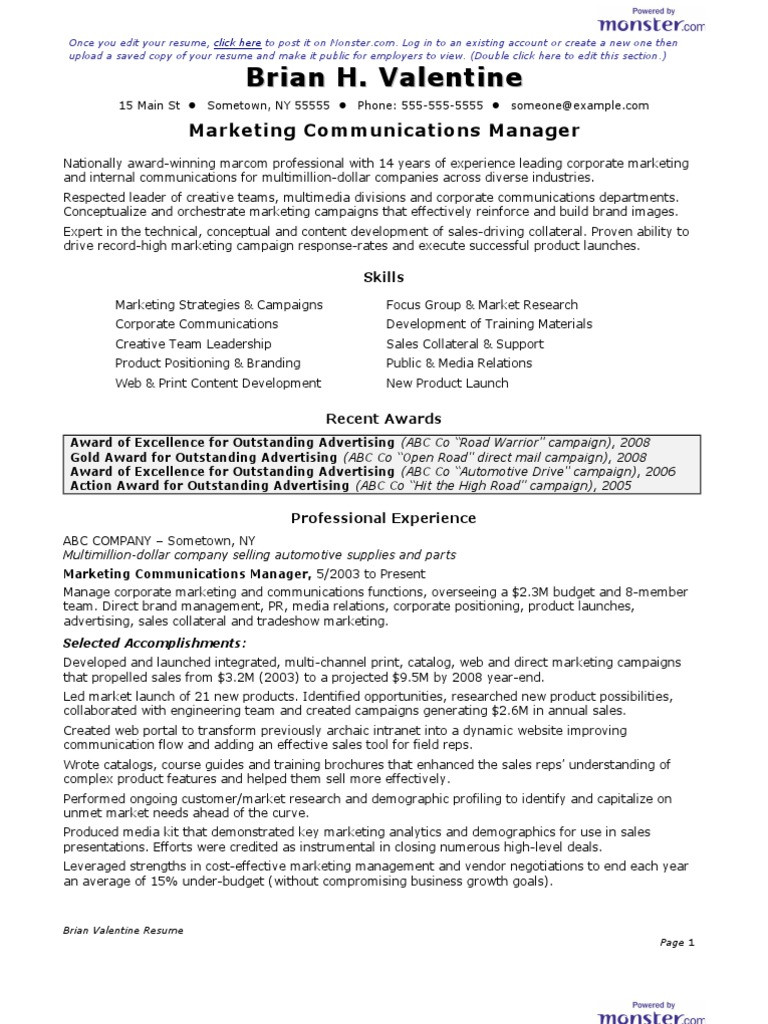 CV Marketing munications Manager Resume