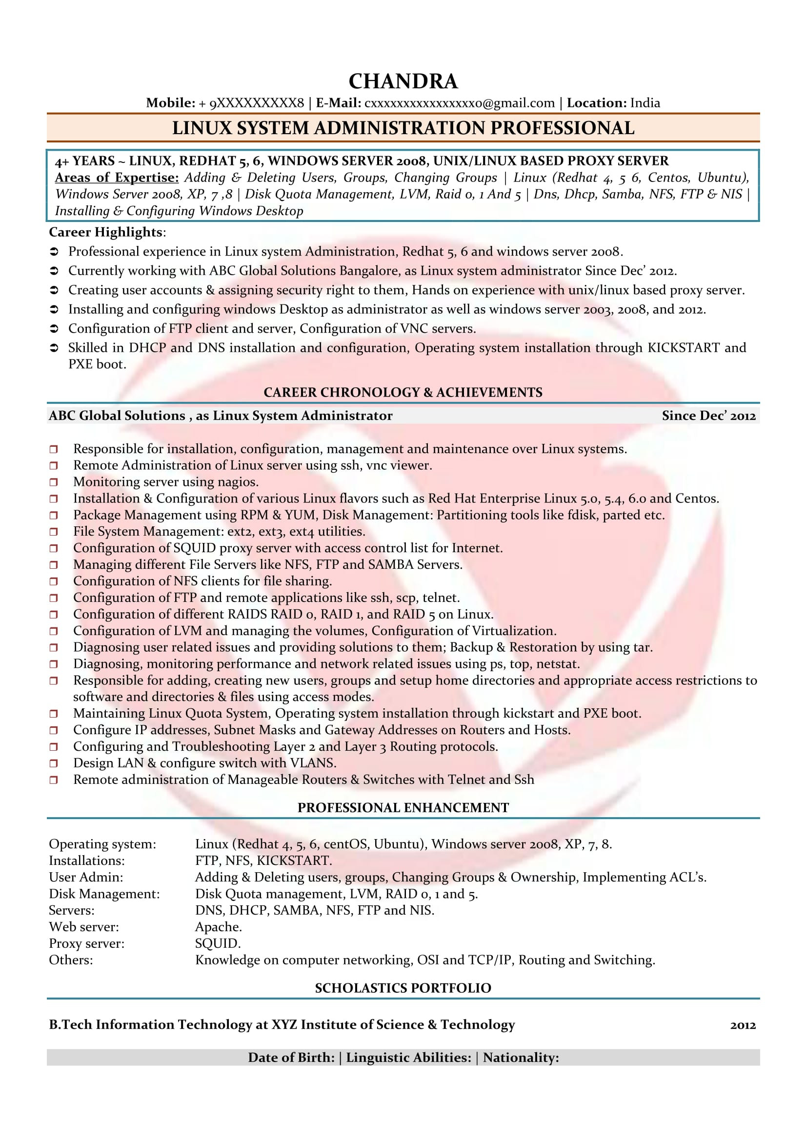 Sample Resumes for Linux System Administrator Linux Admin Sample Resumes, Download Resume format Templates!