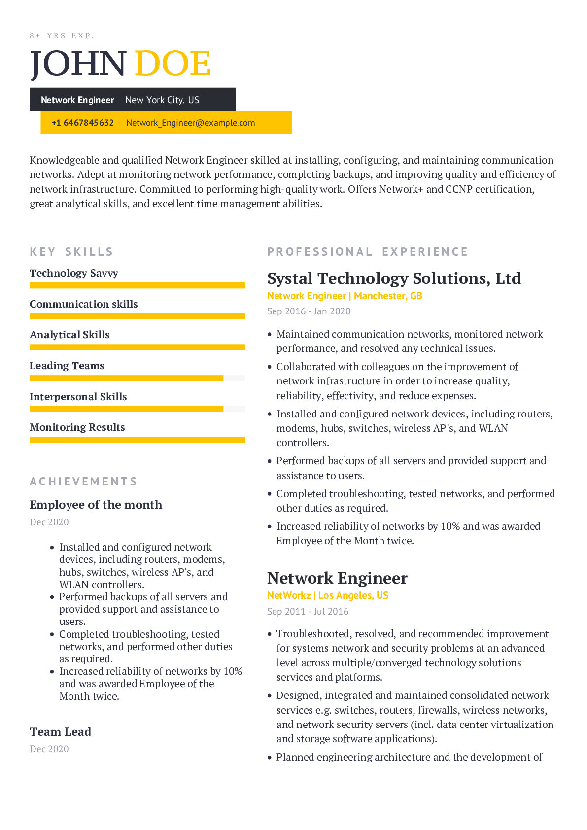 Telecommunication and Networking Engineer Resume Samples Network Engineer Resume Example with Content Sample Craftmycv