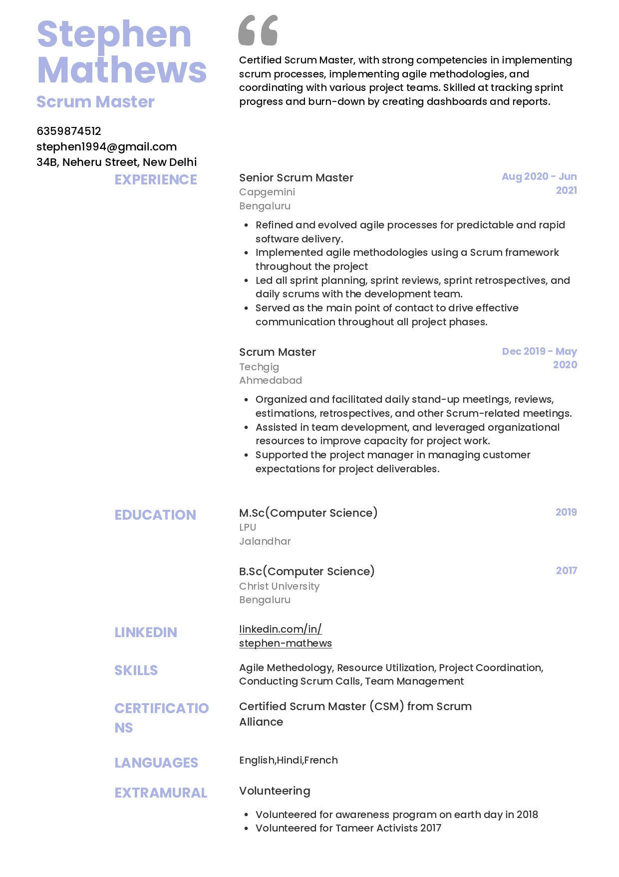 Agile Scrum Project Manager Resume Sample Sample Resume Of Scrum Master with Template & Writing Guide …