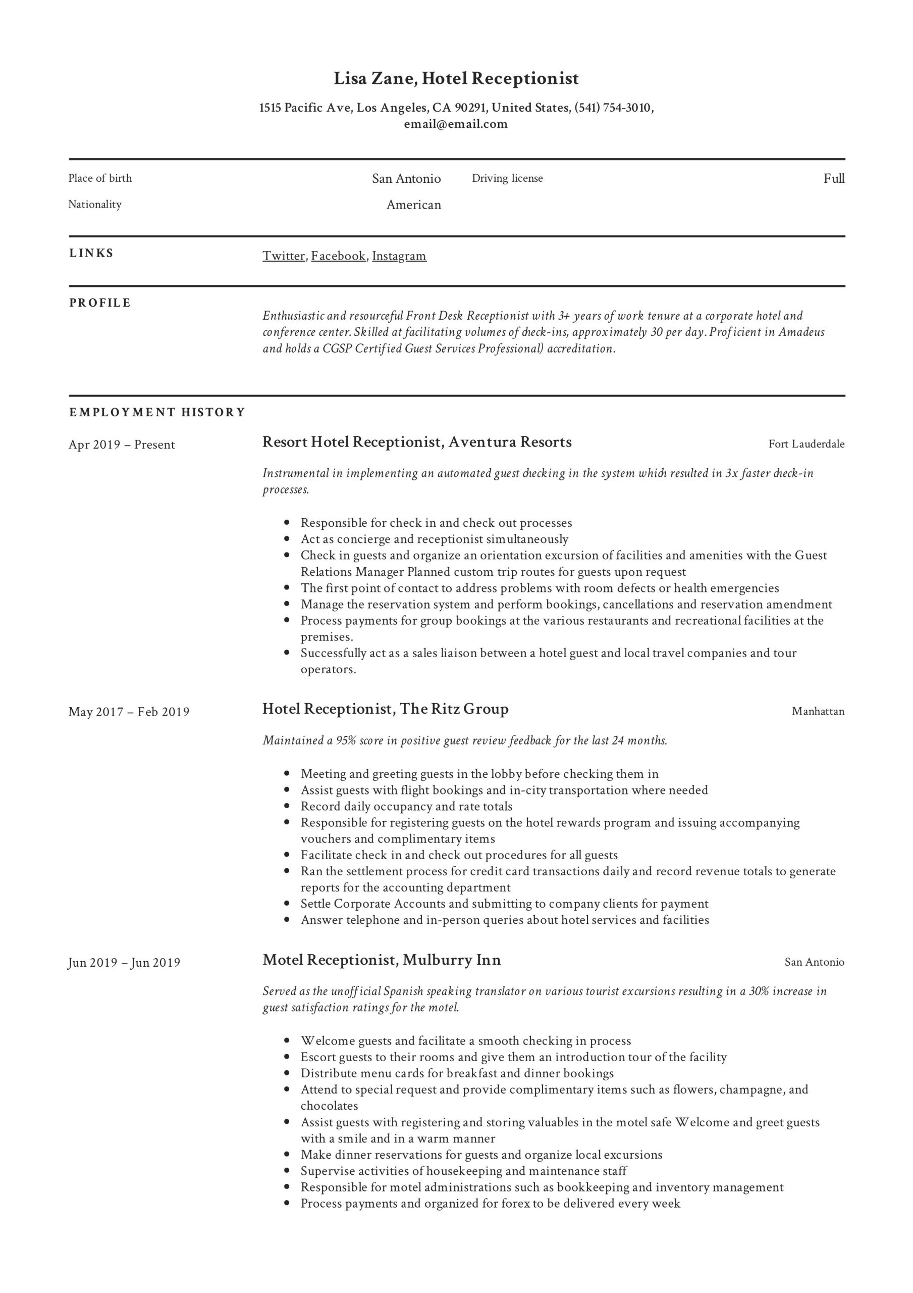 Functional Sample Resume for Front Desk Receptionist Hotel Receptionist Resume & Writing Guide  12 Templates 2022