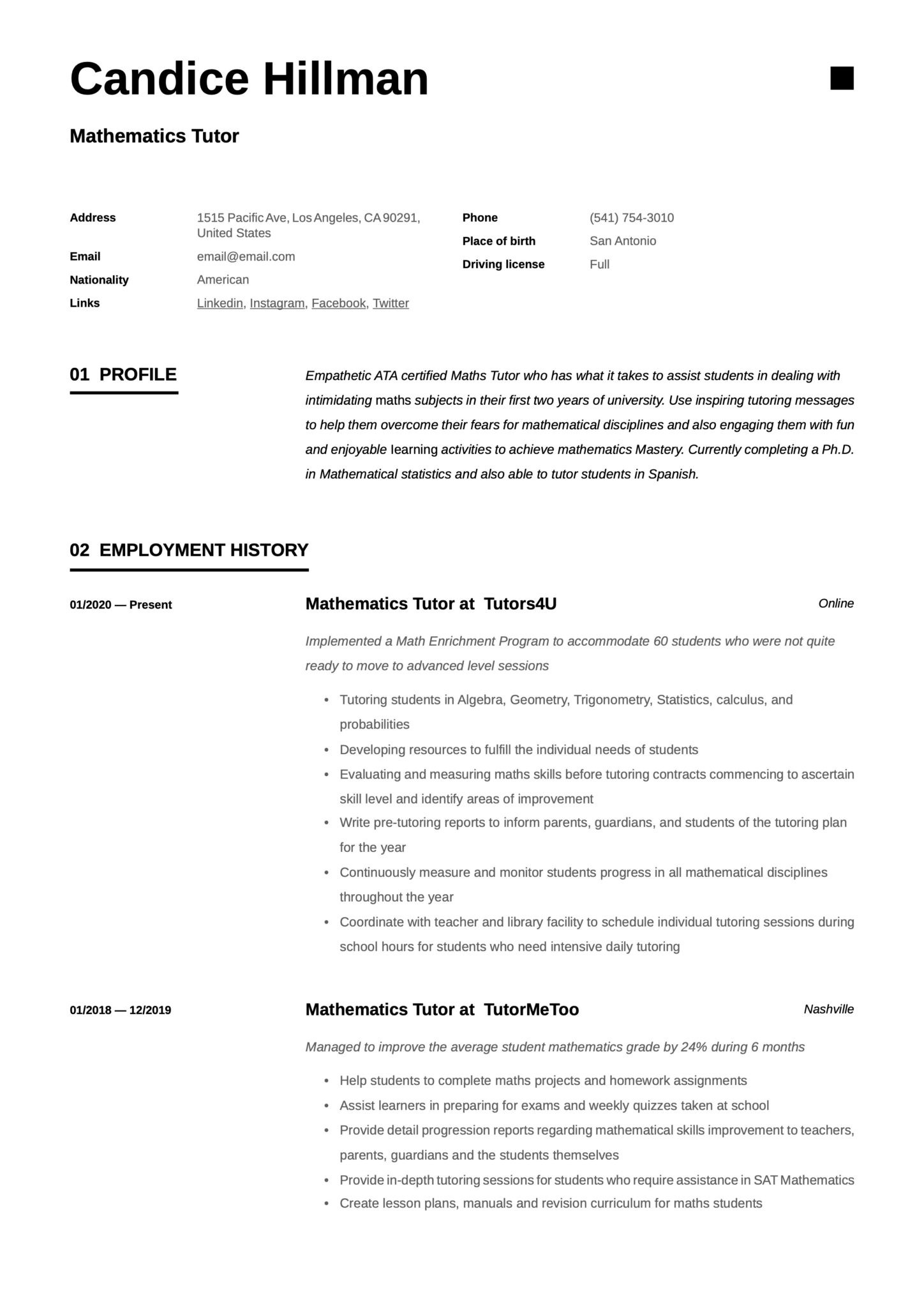 Math Tutor Sample Resume without Experience Mathematics Tutor Resume & Writing Guide  17 Examples 2020