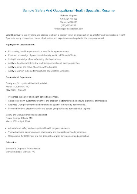 Occupational Health and Safety Resume Sample Resume Samples Sample Safety and Occupational Health