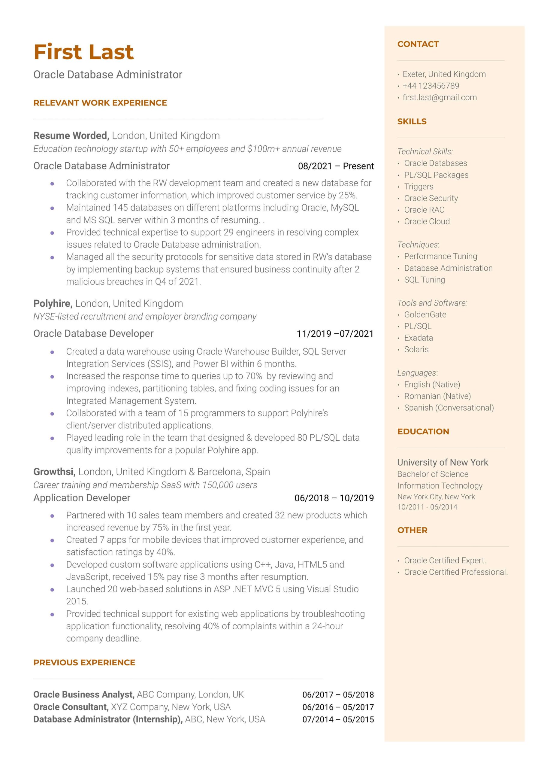 Oracle Databse Java Deveoper Sample Resume 3 oracle Resume Examples for 2022 Resume Worded