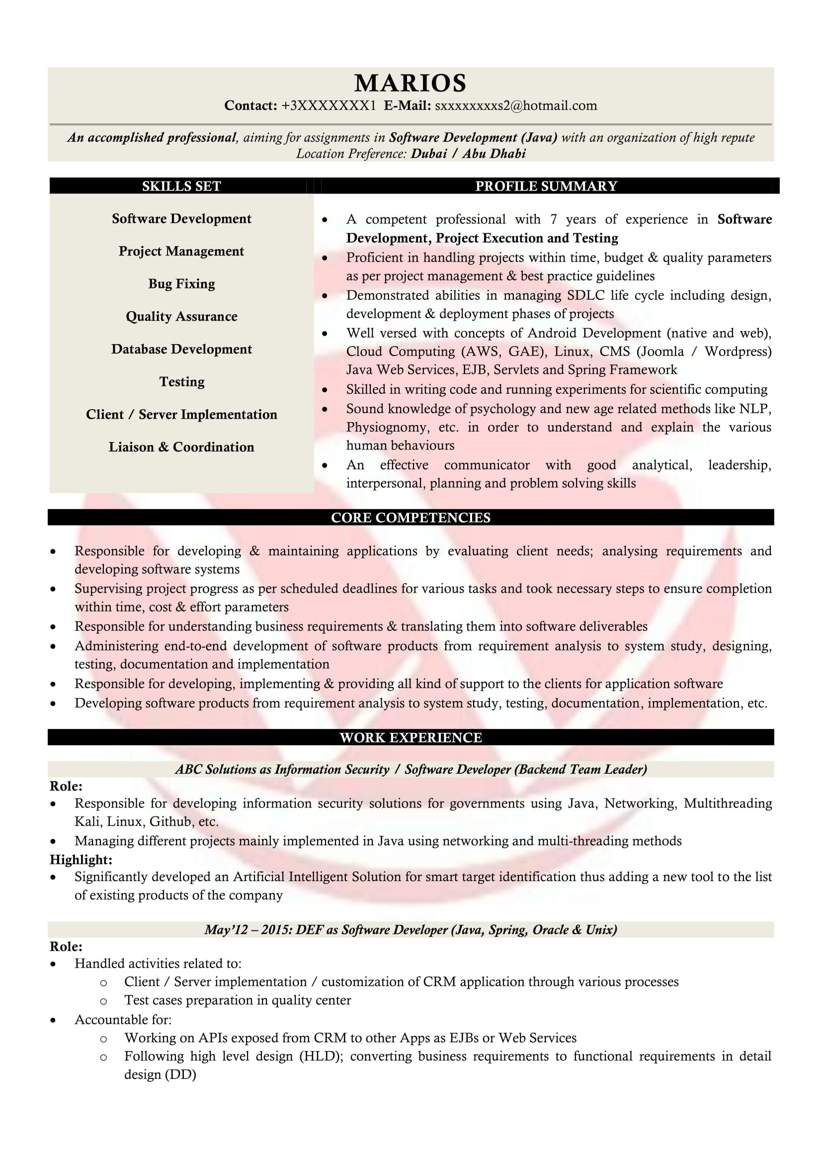 Oracle Databse Java Deveoper Sample Resume Java Developer Sample Resumes, Download Resume format Templates!