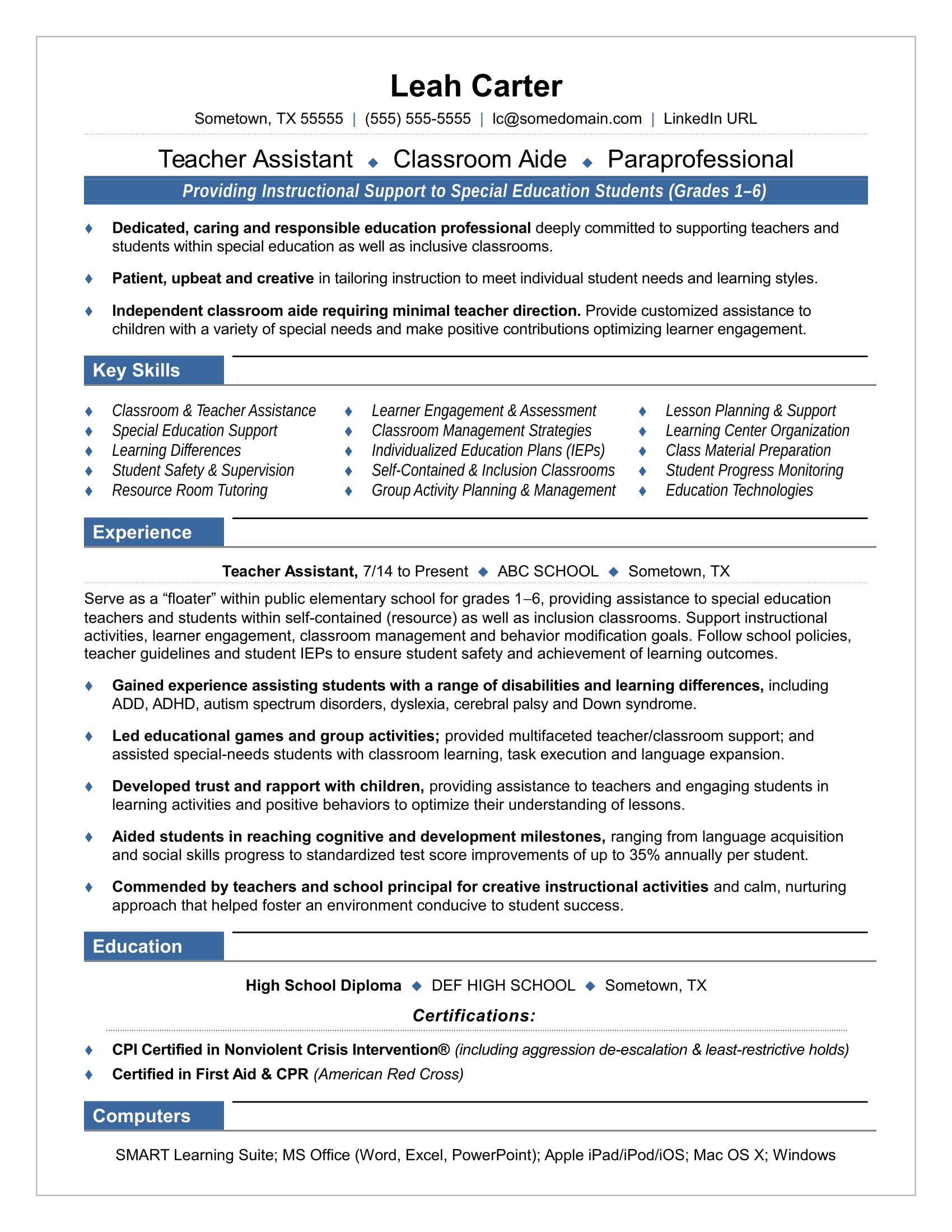 Resume Sample for Teachers Special Education Teacher assistant Resume Sample Monster.com