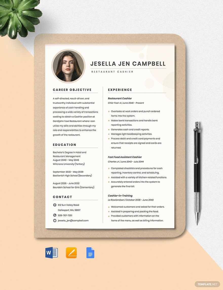 Resume Samples for Cashier at Restaurant Restaurant Cashier Resume Template – Google Docs, Word, Apple …