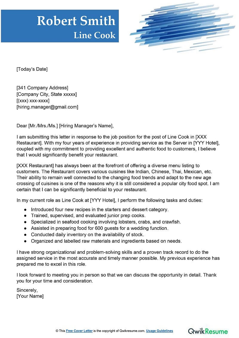 Sample Cover Letter for Cook Resume Line Cook Cover Letter Examples – Qwikresume