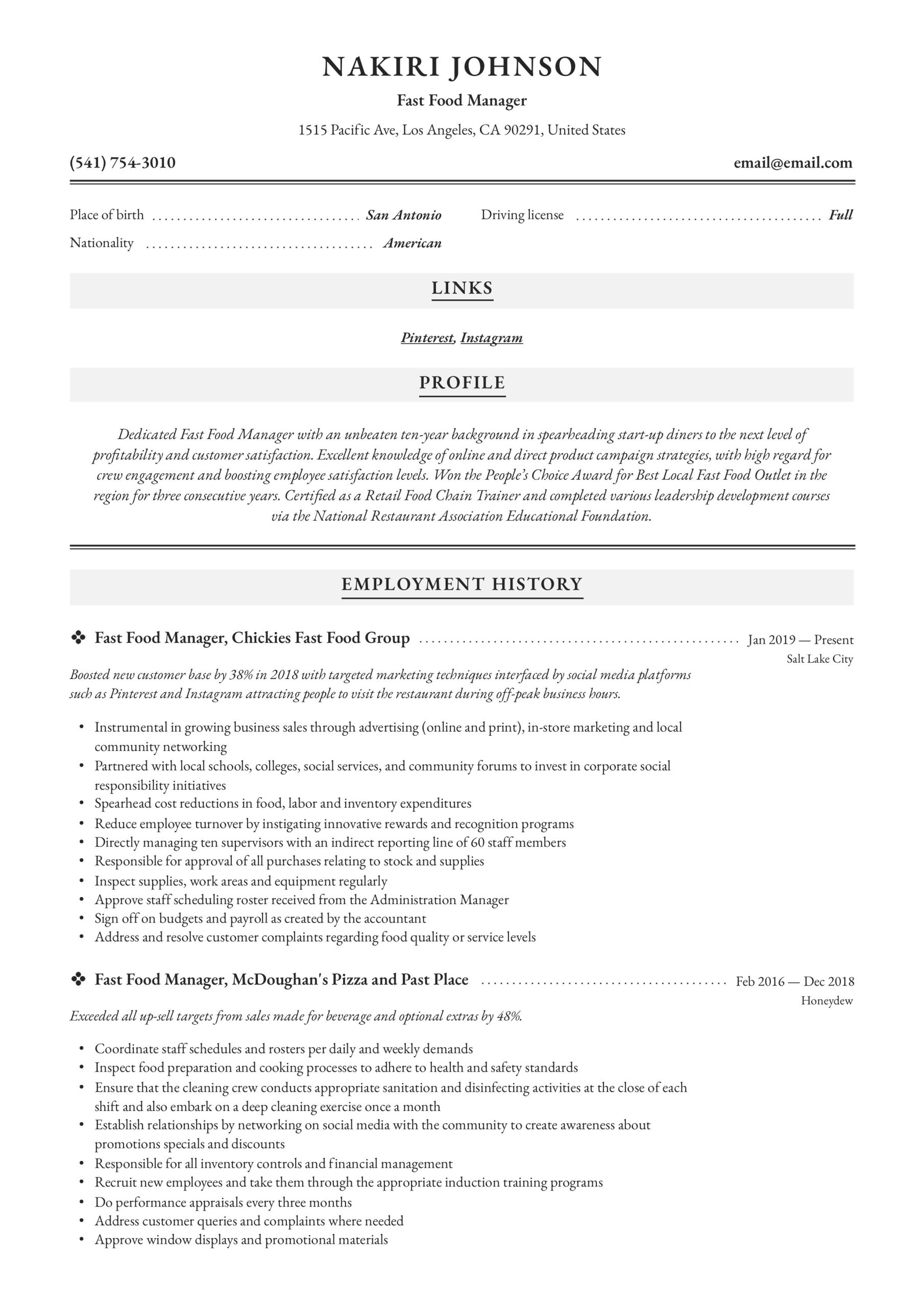 Sample Mcdonald S assistant Manager Resume Fast Food Manager Resume & Writing Guide  12 Examples 2022