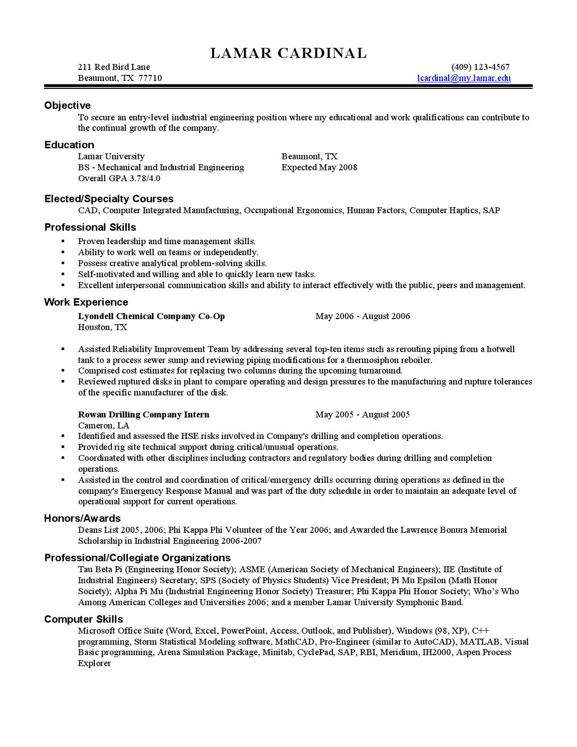 Sample Objectives In Resume for Industrial Engineers Industrial Engineering Sample Student Resume by Lamar University …