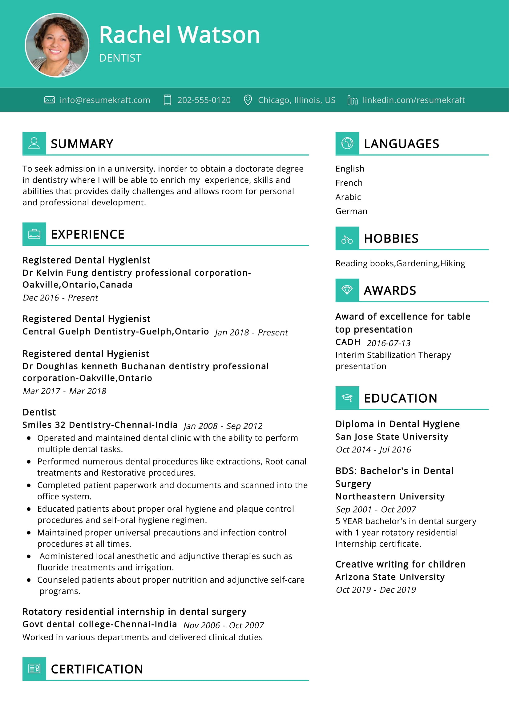 Sample Resume Dental Hygiene Portfolio Examples Dentist Resume Example with Writing Guide 2022 Writing Tips …