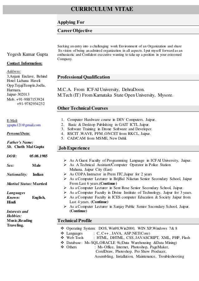 Sample Resume for assistant Professor In Computer Science In India Resume for Puter Science Faculty
