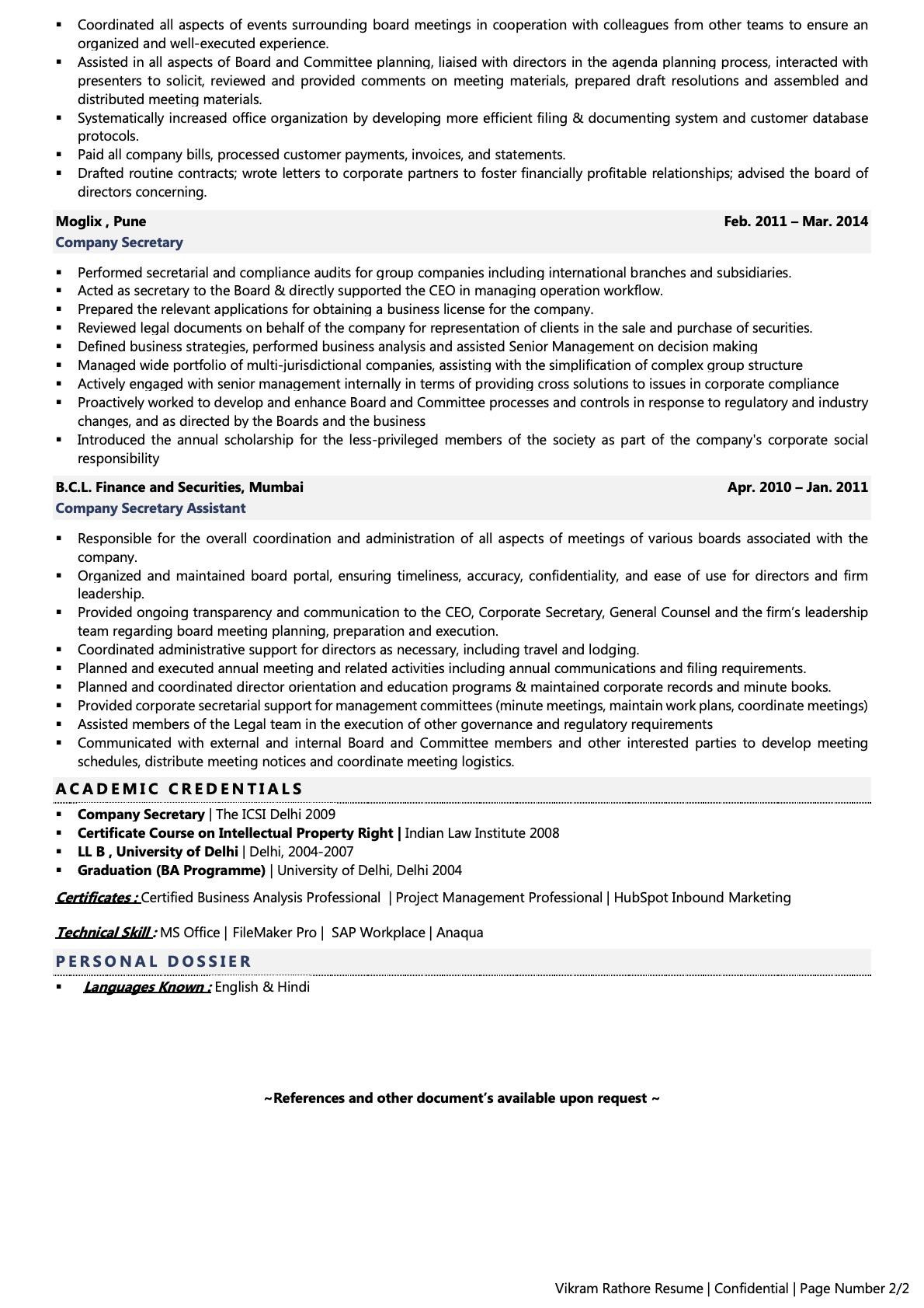 Sample Resume for Secretary In Law Firm Company Secretary Resume Examples & Template (with Job Winning Tips)