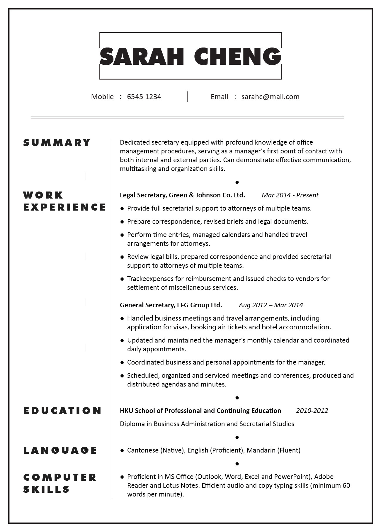 Sample Resume for Secretary In Law Firm Cv & Profile Sample â Secretary Jobsdb Hong Kong