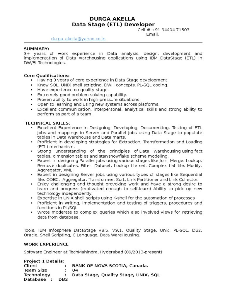 Sample Resume Of Datastage Developer with 2 Years Experience Resume Pdf Ibm Db2 Data Warehouse