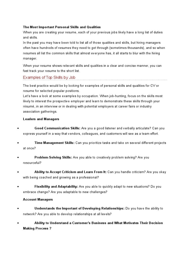 Sample Skills and Qualities for Resume the Most Important Personal Skills and Qualities Pdf RÃ©sumÃ© …